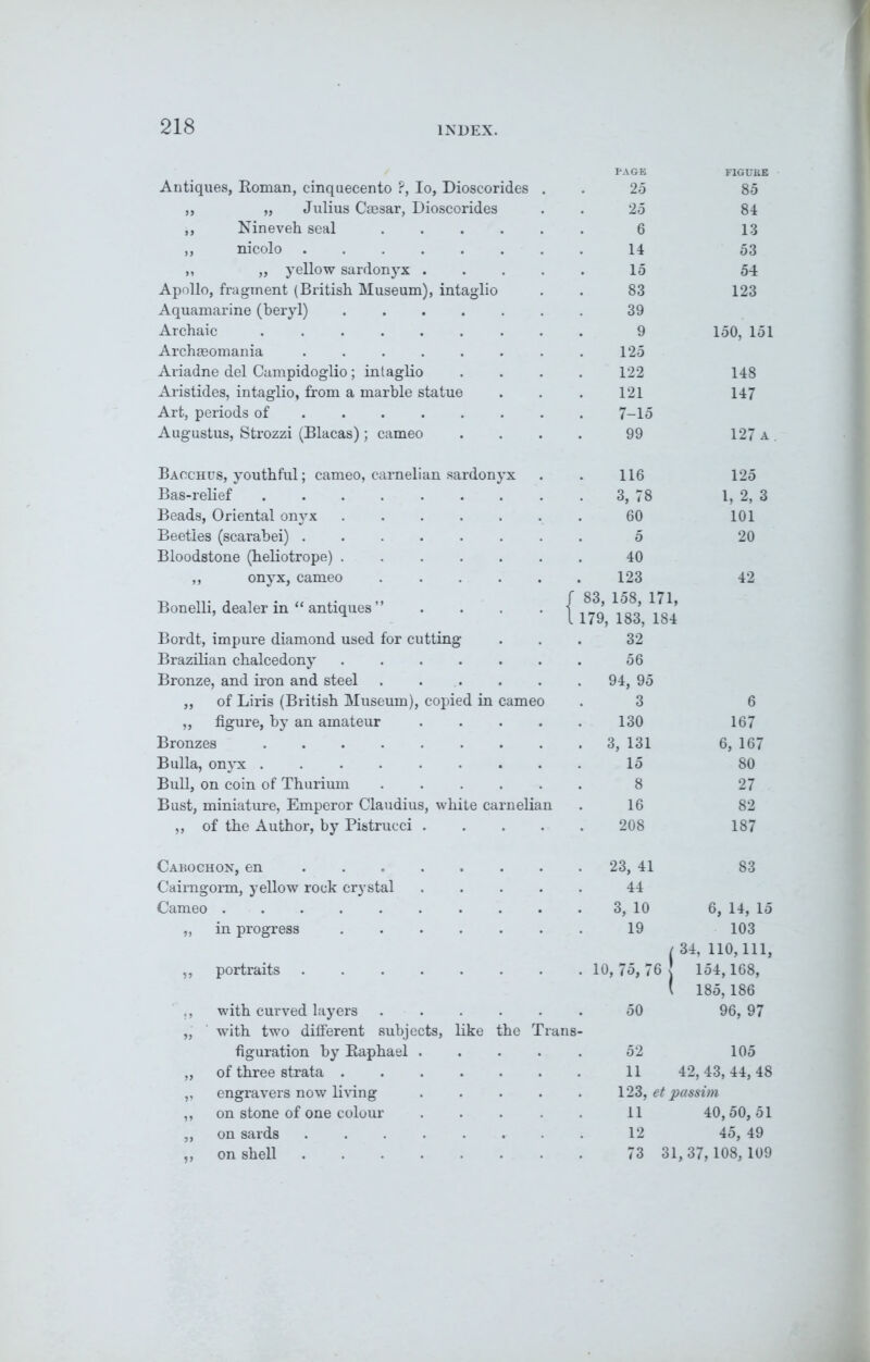 PAGE FIGUBE Antiques, Roman, cinquecento ?, Io, Dioscorides 25 85 „ „ Julius Caesar, Dioscorides 25 84 ,, Nineveh seal .... 6 13 ,, nicolo 14 53 ,, ,, yellow sardonyx . 15 54 Apollo, fragment (British Museum), intaglio 83 123 Aquamarine (beryl) 39 Archaic 9 150, 151 Archseomania ...... 125 Ariadne del Campidoglio; intaglio 122 148 Aristides, intaglio, from a marble statue 121 147 Art, periods of 7-15 Augustus, Strozzi (Blacas); cameo 99 127 a Bacchus, youthful; cameo, carnelian sardonyx 116 125 Bas-relief 3, 78 1, 2, 3 Beads, Oriental onyx ..... 60 101 Beetles (scarabei) 20 Bloodstone (heliotrope) 40 ,, onyx, cameo .... 123 42 Bonelli, dealer in “ antiques ” '• 1 ' 83, 158, 171, . 179, 183, 184 Bordt, impure diamond used for cutting 32 Brazilian chalcedony 56 Bronze, and iron and steel . 94, 95 ,, of Liris (British Museum), copied in cameo 3 6 ,, figure, by an amateur 130 167 Bronzes . 3, 131 6, 167 Bulla, onyx 15 80 Bull, on coin of Thurium .... 8 27 Bust, miniature, Emperor Claudius, white carnelian 16 82 „ of the Author, by Pistrucci . 208 187 Cabo chon, en . 23, 41 83 Cairngorm, yellow rock crystal 44 Cameo 3, 10 6, 14, 15 „ in progress 19 103 ( 34, 110,111, „ portraits 154,168, 185,186 with curved layers .... 50 96, 97 „ with two different subjects, like the Trans- figuration by Raphael . 52 105 „ of three strata 11 42, 43, 44, 48 „ engravers now living . 123, et passim ,, on stone of one colour 11 40,50,51 „ on sards ...... 12 45, 49 „ on shell 73 31 , 37, 108, 109