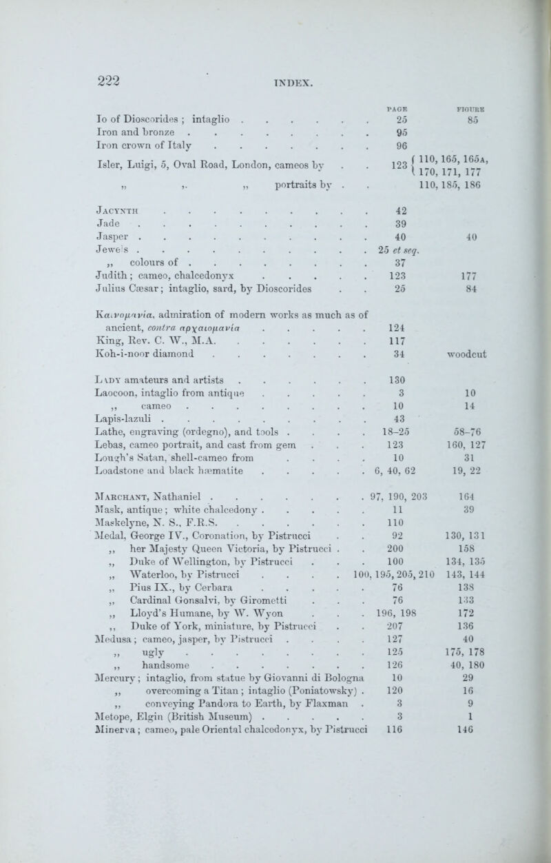 To of Dioscorides ; intaglio .... PAGE . 25 FIGURE 85 Iron and bronze . ..... Iron crown of Italy ..... 96 Isler, Luigi, 5, Oval Road, London, cameos by m( no, • 123 \ 170. 165, 165a, 171, 177 „ ,. ,, portraits by 110, 185, 186 Jacynth ....... 42 Jade ........ 39 Jasper 40 40 Jeweis ........ . 25 et sea. „ colours of ..... 37 Juditb; cameo, chalcedonyx 123 177 Julius Caesar; intaglio, sard, by Dioscorides 25 84 KciLVOfiavia, admiration of modern works as much as of ancient, contra apxctio/xavia 124 King, Rev. C. W., M.A 117 Koh-i-noor diamond ..... 34 woodcut L iDY amateurs and artists .... 130 Laocoon, intaglio from antique 3 10 ,, cameo ...... 10 14 Lapis-lazuli ....... 43 Lathe, engraving (ordegno), and tools . 18-25 58-76 Lebas, cameo portrait, and cast from gem 123 160, 127 Lough’s Satan, shell-cameo from 10 31 Loadstone and black haematite . 6, 40, 62 19, 22 Marchant, Nathaniel ..... . 97, 190, 203 164 Mask, antique; white chalcedony . 11 39 Maskelyne, N. S., F.R.S 110 Medal, George IV., Coronation, by Pistrucci 92 130, 131 ,, her Majesty Queen Victoria, by Pistrucci 200 158 „ Duke of Wellington, by Pistrucci 100 134, 135 „ Waterloo, by Pistrucci . 100,195,205, 210 143, 144 „ Pius IX., by Cerbara 76 138 „ Cardinal Gonsalvi, by Girometti 76 133 „ Lloyd’s Humane, by W. Wyon . 196, 198 172 ,, Duke of York, miniature, by Pistrucci 207 136 Medusa ; cameo, jasper, by Pistrucci 127 40 » ugly 125 175, 178 „ handsome ..... 126 40, 180 Mercury; intaglio, from statue by Giovanni di Bologna 10 29 ,, overcoming a Titan; intaglio (Poniatowsky) 120 16 ,, conveying Pandora to Earth, by Flaxman 3 9 Metope, Elgin (British Museum) . . 3 1 Minerva; cameo, pale Oriental chalcedonyx, by Pistrucci 116 146
