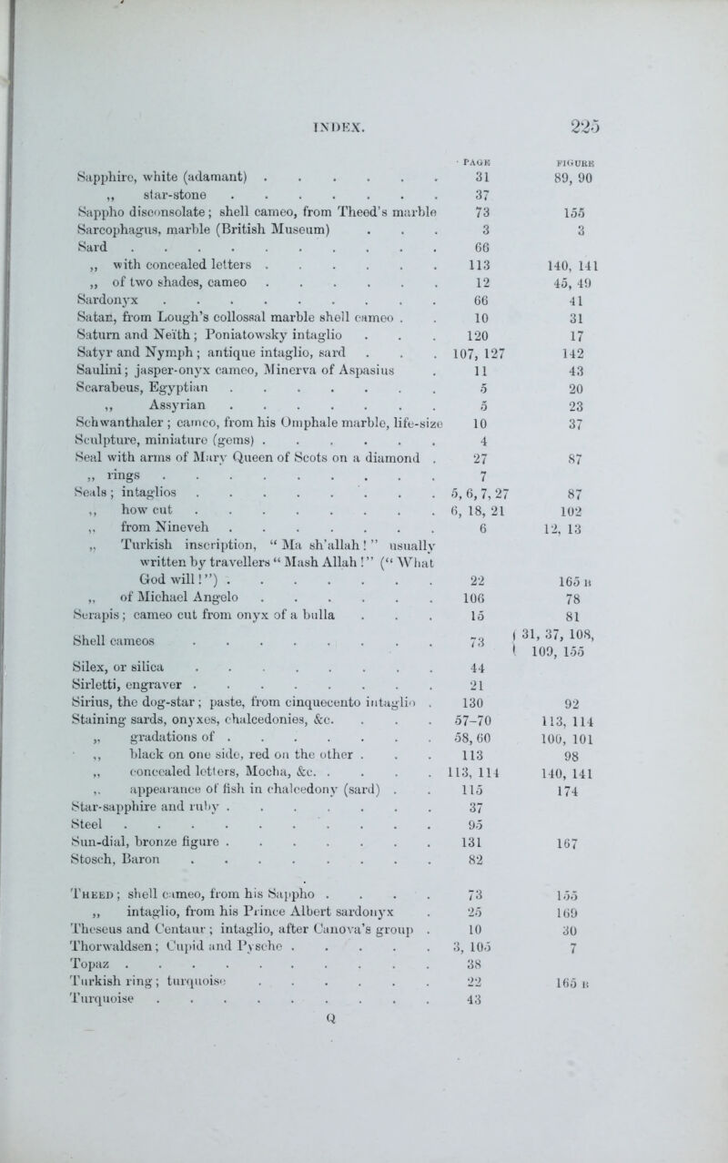• PAGE FIGURE Sapphire, white (adamant) ...... 31 89, 90 ,, star-stone ....... 37 Sappho disconsolate; shell cameo, from Theed’s marble 73 155 Sarcophagus, marble (British Museum) 3 3 Sard .......... 66 ,, with concealed letters ...... 113 140, 141 „ of two shades, cameo ...... 12 45, 49 Sardonyx ......... 66 41 Satan, from Lough’s collossal marble shell cameo . 10 31 Saturn and Neith ; Poniatowsky intaglio 120 17 Satyr and Nymph ; antique intaglio, sard 107, 127 142 Saulini; jasper-onyx cameo, Minerva of Aspasius 11 43 Scarabeus, Egyptian ....... 5 20 ,, Assyrian ....... 5 23 Schwanthaler ; carnco, from his Omphale marble, life-size 10 37 Sculpture, miniature (gems) ...... 4 Seal with arms of Mary Queen of Scots on a diamond . 27 87 » I'ings 7 Seals ; intaglios ........ 5, 6, 7,27 87 ,, how cut ........ 6, 18, 21 102 ,, from Nineveh ....... 6 12, 13 „ Turkish inscription, “ Ma sh’allah! ” usually written by travellers “ Mash Allah ! ” (“ What Godwill!”) 22 165 n „ of Michael Angelo ...... 106 78 Serapis; cameo cut from onyx of a bulla 15 81 Shell cameos ........ 73 | 31, 37, 108, Silex, or silica ....... 44 l 109, 155 Sirletti, engraver ........ 21 Sirius, the dog-star; paste, from cinquecento intaglio . 130 92 Staining sards, onyxes, chalcedonies, &c. 57-70 113, 114 „ gradations of 58, 60 100, 101 ,, black on one side, red on the other . 113 98 „ concealed lotters, Mocha, &c. .... 113, 114 140, 141 appearance of fish in chalcedony (sard) . 115 174 Star-sapphire and ruby ...... 37 Steel 95 Sun-dial, bronze figure 131 167 Stosch, Baron .... .... 82 Theed; shell cameo, from his Sappho .... 73 155 „ intaglio, from his Prince Albert sardonyx 25 169 Theseus and Centaur ; intaglio, after Canova’s group . 10 30 Thorvaldsen; Cupid and Pysche ..... 3, 105 7 Topaz .......... 38 Turkish ring; turquoise ...... 22 165 b Turquoise ......... 43 Q