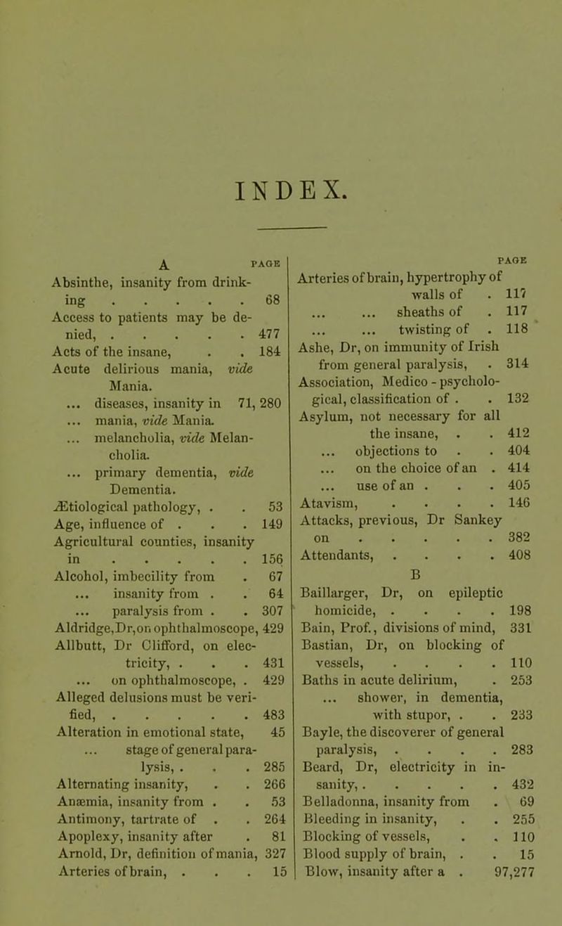 INDEX A PAGE Absinthe, insanity from drink- ing 68 Access to patients may be de- nied, 477 Acts of the insane, . . 184 Acute delirious mania, vide Mania. ... diseases, insanity in 71, 280 ... mania, vide Mania. ... melancholia, vide Melan- cholia. ... primary dementia, vide Dementia. .Etiological pathology, . . 53 Age, influence of . . . 149 Agricultural counties, insanity in 156 Alcohol, imbecility from . 67 ... insanity from . . 64 ... paralysis from . . 307 Aldridge,Dr,on ophthalmoscope, 429 Allbutt, Dr Clifford, on elec- tricity, . . .431 ... on ophthalmoscope, . 429 Alleged delusions must be veri- fied, 483 Alteration in emotional state, 45 ... stage of general para- lysis, . . . 285 Alternating insanity, . . 266 Anaemia, insanity from . . 53 Antimony, tartrate of . . 264 Apoplexy, insanity after . 81 Arnold, Dr, definition of mania, 327 Arteries ofbrain, ... 15 PAGE Arteries ofbrain, hypertrophy of walls of . 117 ... ... sheaths of . 117 ... ... twisting of . 118 Ashe, Dr, on immunity of Irish from general paralysis, . 314 Association, Medico - psycholo- gical, classification of . . 132 Asylum, not necessary for all the insane, . . 412 ... objections to . . 404 ... on the choice of an . 414 ... use of an . . . 405 Atavism, .... 146 Attacks, previous, Dr Sankey on 382 Attendants, .... 408 B Baillarger, Dr, on epileptic homicide, .... 198 Bain, Prof., divisions of mind, 331 Bastian, Dr, on blocking of vessels, . . . .110 Baths in acute delirium, . 253 ... shower, in dementia, with stupor, . . 233 Bayle, the discoverer of general paralysis, .... 283 Beard, Dr, electricity in in- sanity, 432 Belladonna, insanity from . 69 Bleeding in insanity, . . 255 Blocking of vessels, . .110 Blood supply of brain, . . 15 Blow, insanity after a . 97,277