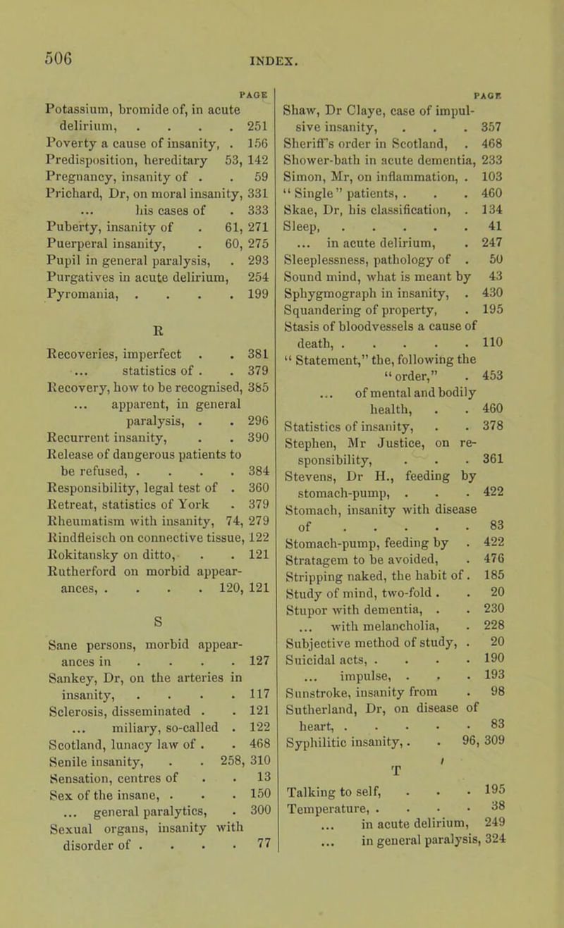 PAGE Potassium, bromide of, in acute delirium, .... 251 Poverty a cause of insanity, . 156 Predisposition, hereditary 53, 142 Pregnancy, insanity of . .59 Prichard, Dr, on moral insanity, 331 ... his cases of . 333 Puberty, insanity of . 61, 271 Puerperal insanity, . 60, 275 Pupil in general paralysis, . 293 Purgatives in acute delirium, 254 Pyromania, .... 199 R Recoveries, imperfect . .381 statistics of . . 379 Recovery, how to be recognised, 385 ... apparent, in general paralysis, . . 296 Recurrent insanity, . . 390 Release of dangerous patients to be refused, .... 384 Responsibility, legal test of . 360 Retreat, statistics of York . 379 Rheumatism with insanity, 74, 279 ltindfleisch on connective tissue, 122 Rokitansky on ditto, . . 121 Rutherford on morbid appear- ances, .... 120, 121 S Sane persons, morbid appear- ances in ... 127 Sankey, Dr, on the arteries in insanity, . . . .117 Sclerosis, disseminated . . 121 ... miliary, so-called . 122 Scotland, lunacy law of . . 468 Senile insanity, . . 258, 310 Sensation, centres of .13 Sex of the insane, . • • 150 ... general paralytics, • 300 Sexual organs, insanity with disorder of . . . .77 pa or. Shaw, Dr Olaye, case of impul- sive insanity, . . . 357 Sheriffs order in Scotland, . 468 Shower-bath in acute dementia, 233 Simon, Mr, on inflammation, . 103 “ Single ” patients, . . . 460 Skae, Dr, his classification, . 134 Sleep 41 ... in acute delirium, . 247 Sleeplessness, pathology of . 50 Sound mind, what is meant by 43 Sphygmograph in insanity, . 430 Squandering of property, . 195 Stasis of bloodvessels a cause of death, 110 “ Statement,” the, following the “ order,” . 453 ... of mental and bodily health, . . 460 Statistics of insanity, . . 378 Stephen, Mr Justice, on re- sponsibility, . . . 361 Stevens, Dr H., feeding by stomach-pump, . . . 422 Stomach, insanity with disease of 83 Stomach-pump, feeding by . 422 Stratagem to be avoided, . 476 Stripping naked, the habit of. 185 Study of mind, two-fold . . 20 Stupor with dementia, . . 230 ... with melancholia, . 228 Subjective method of study, . 20 Suicidal acts, .... 190 ... impulse, . , • 193 Sunstroke, insanity from . 98 Sutherland, Dr, on disease of heart, 83 Syphilitic insanity,. . 96, 309 / T Talking to self, . • • 195 Temperature, .... 38 ... in acute delirium, 249 ... in general paralysis, 324