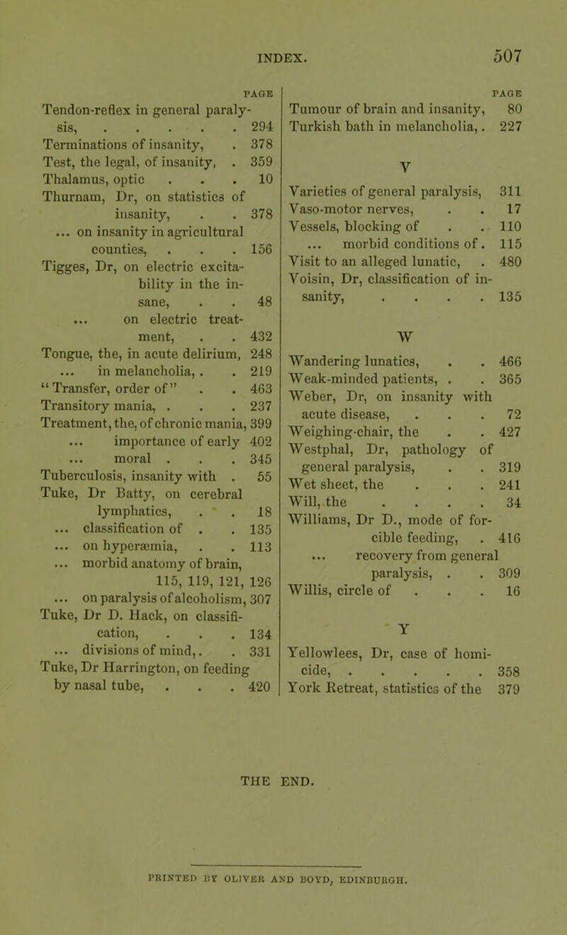 PAGE Tendon-reflex in general paraly- sis, 294 Terminations of insanity, . 378 Test, the legal, of insanity, . 359 Thalamus, optic ... 10 Thurnam, Dr, on statistics of insanity, . . 378 ... on insanity in agricultural counties, . . .156 Tigges, Dr, on electric excita- bility in the in- sane, . . 48 ... on electric treat- ment, . . 432 Tongue, the, in acute delirium, 248 ... in melancholia, . . 219 “ Transfer, order of ” . . 463 Transitory mania, . . . 237 Treatment, the, of chronic mania, 399 ... importance of early 402 ... moral . . . 345 Tuberculosis, insanity with . 55 Tuke, Dr Batty, on cerebral lymphatics, . ' . 18 ... classification of . . 135 ... on hyperaemia, . . 113 ... morbid anatomy of brain, 115, 119, 121, 126 ... on paralysis of alcoholism, 307 Tuke, Dr D. Hack, on classifi- cation, . . .134 ... divisions of mind,. . 331 Tuke, Dr Harrington, on feeding by nasal tube, . . . 420 TAGE Tumour of brain and insanity, 80 Turkish bath in melancholia,. 227 V Varieties of general paralysis, 311 Vaso-motor nerves, 17 Vessels, blocking of 110 ... morbid conditions of. 115 Visit to an alleged lunatic, 480 Aroisin, Dr, classification of in- sanity, .... 135 W Wandering lunatics, 466 Weak-minded patients, . 365 Weber, Dr, on insanity with acute disease, 72 Weighing-chair, the 427 Westphal, Dr, pathology of general paralysis, 319 Wet sheet, the 241 Will, the .... 34 Williams, Dr D., mode of for- cible feeding, 416 ... recovery from general paralysis, . 309 Willis, circle of 16 Y Yellowlees, Dr, case of homi- cide, 358 York Betreat, statistics of the 379 THE END. PRINTED BY OLIVER AND BOYD, EDINBURGH.