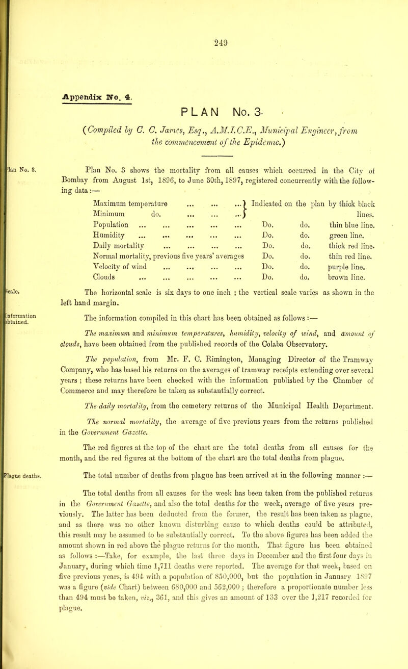 ’Ian No. 3. 3Cale. Information )btained. Plague deaths. Appendix No. <k. PLAN No. 3- • (Compiled by C. C. James, Esq., A.M.I.C.E., Municipal Engineer, from the commencement of the Epidemic.') Plan No. 3 shows the mortality from all causes which occurred in the City of Bombay from August 1st, 1836, to June 30th, 1897, registered concurrently with the follow- ing data :— Maximum temperature ... ... ...) Indicated on the plan by thick black Minimum do. ... ... lines. Population Do. do. thin blue line. Humidity Do. do. green line. Daily mortality Do. do. thick red line. Normal mortality, previous five years’ averages Do. do. thin red line. Velocity of wind Do. do. purple line. Clouds Do. do. brown line. The horizontal scale is six days to one inch ; the vertical scale varies as shown in the left hand margin. The information compiled in this chart has been obtained as follows :— The maximum and minimum temperatures, humidity, velocity of wind, and amount of clouds, have been obtained from the published records of the Colaba Observatory. The population, from Mr. F. C. Rimington, Managing Director of the Tramway Company, who has based his returns on the averages of tramway receipts extending over several years ; these returns have been checked with the information published by the Chamber of Commerce and may therefore be taken as substantially correct. The daily mortality, from the cemetery returns of the Municipal Health Department. The normal mortality, the average of five previous years from the returns published in the Government Gazette. The red figures at the top of the chart are the total deaths from all causes for the month, and the red figures at the bottom of the chart are the total deaths from plague. The total number of deaths from plague has been arrived at in the following manner :— The total deaths from all causes for the week has been taken from the published returns in the Government Gazette, and also the total deaths for the week, average of five years pre- viously. The latter has been deducted from the former, the result has been taken as plague, and as there was no other known disturbing cause to which deaths could be attributed, this result may be assumed to be substantially correct. To the above figures has been added the amount shown in red above the plague returns for the month. That figure has beeu obtained as follows:—Take, for example, the last three days in December and the first four days in January, during which time 1,711 deaths were reported. The average for that week, based on five previous years, is 494 with a population of 850,000, but the population in January 1897 was a figure (vide Chart) between 680,000 and 562,000 ; therefore a proportionate number less than 494 must be taken, viz., 361, and this gives an amount of 133 over the 1,217 recorded for plague.