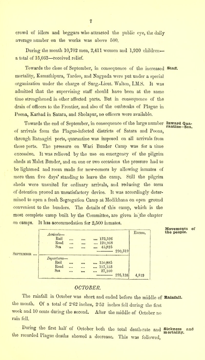 crowd of idlers and beggars who attracted the public eye, the daily average number on the works was above 500. During the month 10,702 men, 2,411 women and 1,920 children— a total of 15,033—received relief. Towards the close of September, in consequence of the increased staff, mortality, Kamathipura, Tardeo, and Nagpada were put under a special organization under the charge of Surg.-Lieut. Walton, I.M.S. It was admitted that the supervising staff should have been at the same time strengthened in other affected parts. But in consequence of the drain of officers to the Frontier, and also of the outbreaks of Plague in Poona, Karhad in Satara, and Sholapur, no officers were available. Towards the end of September, in consequence of the large number Inward Qua- • rantine-Sea. of arrivals from the Plague-infected districts of Satara and Poona, through Ratnagin ports, quarantine was imposed on all arrivals from those ports. The pressure on Wari Bunder Camp was for a time excessive. It was relieved by the use on emergency of the pilgrim sheds at Malet Bunder, and on one or two occasions the pressure had to be lightened and room made for new-comers by allowing inmates of more than five days’ standing to leave the camp. Still the pilgrim sheds were unsuited for ordinary arrivals, and reducing the term of detention proved an unsatisfactory device. It was accordingly deter- mined to open a fresh Segregation Camp at Modikhana on open ground convenient to the bunders. The details of this camp, which is the most complete camp built by the Committee* are given in the chapter on camps. It has accommodation for 2,500 inmates. September Arrivals— Rail Road Sea ... 123,526 ... 120,968 ... 45,825 290,319 Excess. Departures— Rail ... ... 150,885 Road ... 117,153 Sea ... .... ... 27,100 295,138 4,819 Movements of the people. OCTOBER. The rainfall in October was short and ended before the middle of Rainfall, the month. Of a total of 2‘62 inches, 2'52 inches fell during the first week and 10 cents during the second. After the middle of October no rain fell. During the first half of October both the total death-rate and Sickness and the recorded Plague deaths showed a decrease. This was followed,