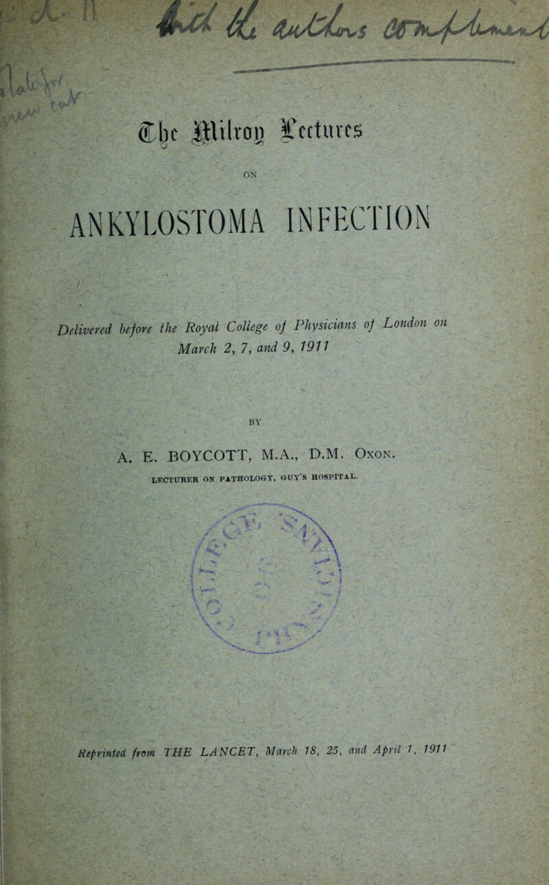 ■{ CI)C lllilvon lectures ANKYLOSTOMA INFECTION Delivered before the Royal College of Physicians of London on March 2, 7, and 9, 1911 BY A. E. BOYCOTT, M.A., D.M. Oxon. LECTURER ON PATHOLOGY, GUY’S HOSPITAL.