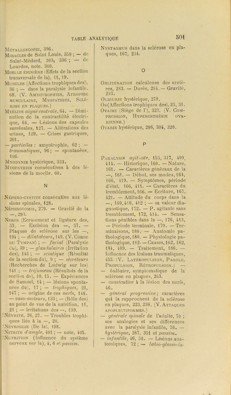 Métalloscopie, 396. Miracles de S;ûnt Louis, 359 ; — de Saint-Médard, 303i 336 ; — de Lourdes, note, 360. Moelle épinière (Effets de la section transversale de la), H, 19. Mlscles (Affections trophiques des), 36 ; — dans la paralysie infantile, 68. (V. Amyotrophies, Atrophie musculaire, Myopathies, Sclé- rose en plaques.) Myélite aigue centrale, 64. — Dimi- nution de la contractilité électri- que, 64. — Lésions des capsules surrénales, 121. — Altérations des urines, 129. — Crises gastriques, 261. — partielles : amyotrophie, 62 ; — traumatiques, 96; — spontanées, 106. Myodynie hystérique, 323. Myopathies consécutives à des lé- sions de la moelle, 60. Népiiro-cystite consécutive aux lé- sions spinales, 128. Néphrotomie, 279. — Gravité de la -,293. Nerfs (Ecrasement et ligature des, 53. — Excision des —, 51. — Plaques de sclérose sur les —, 194 ; — dilatateurs, 149. (V. Corde du Tympan) ; — facial (Paralysie du), 39; — glandulaires (Irritation des), 145 ; — sciatique (Résultat de la section du), 9 ; — sécréteurs (Recherches de Ludwig sur les) 141 ; — trijumeau (Résultats de la secli'in du), 10, 15. — Expériences de Samuel, 14; — lésions sponta- nées du), 17 ; — trophiques, 21, 141 ; — origine de ces nerfs, 148. — vaso-moteurs, 133 ; — (Rôle des) au point de vue de la nutrition, 11, 21 ; — irritations des 139. 'Névrite, 26, 27. —Troubles trophi- ques liés à la —, 28. 'Névroglie (De la), 198. 'Nitrite ifamgle, 401 ; — note, 405. Nutrition (Influence du système nerveux sur la), 4, 6 et passim. SOI Nystagmus dans la sclérose en pla- ques, 167, 234. O Oblitération calculeuse des uretè- res, 283. — Durée, 2S4.— Gravité, 293. Oligurie hystérique, 278. Os (Affections trophiques des), 25, 31. Ovaire (Siège de 1’), 327. (V. Com- pression, Hyperesthésie ova- rienne.) O varie hystérique, 286, 304, 320. P Paralysie agitante, 155, 317, 409, 414. — Historique, 160. —Nature, 161. — Caractères généraux de la —, 161.— Début, ses modes, 161, 166, 410. — Symptômes, période d’état, 166, 411. — Caractères du tremblement, 166. — Ecriture, 167, 421. — Attitude du corps dans la — , 169,410, 412 ; — sa valeur dia- gnostique, 172. — P. agitante sans tremblement, 172, 414. — Sensa- tions pénibles dans la —, 176, 413, — Période terminale, 179. —Ter- minaisons, 180.'— Anatomie pa- thologique, 180. — Physiologie pa- thologique, 182. —Causes, 162, 182, 184, 409. — Traitement, 186. — Influence des lésions traumatiques, 453. (V. Latéropulsion, Parole, Propulsion, Rétropulsion.) — — bulbaire, symptomatique de la sclérose en plaques, 263. — consécutive à la lésion des nerfs, 46. — général progressive; caractères qui la rapprochent de la sclérose en plaques, 223, 236. (V. Attaques APOPLECT1FORMES.) — générale spinale de l’adulte, 70 ; ses analogies et ses différences avec la paralysie infantile, 70. — hystérique, 287, 351 et passim. — infantile, 46, 50. — Lésions ana- tomiques, 72 ; — labio-glosso-la-