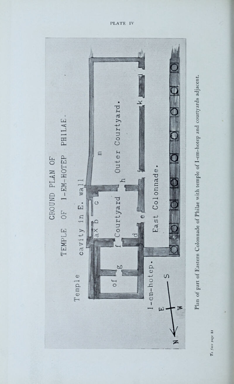 GROUND PLAN OF Plan of part of Eastern Colonnade of Philae with temple of I-em-hotep and courtyards adjacent.