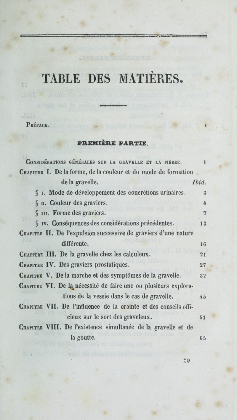 TABLE DES MATIERES Préface, . i PREMIERE PARTIE, Considérations générales sur la gravelle et la pierre. 1 Chapitre I. De la forme, de la couleur et du mode de formation de la gravelle. Ihid. § I. Mode de développement des concrétions urinaires. 3 § II. Couleur des graviers. 4 § III. Forme des graviers, 7 § IV. Conséquences des considérations précédentes, 13 Chapitre II. De l’expulsion successive de graviers d’une nature différente. 16 Chapitre III. De la gravelle chez les calculeux. 2i Chapitre IV. Des graviers prostatiques, 27 Chapitre V. De la marche et des symptômes de la gravelle. 32 Chapitre VI. De 1^ nécessité de faire une ou plusieurs explora- tions de la vessie dans le cas de gravelle. 45 Chapitre VIL De l’influence de la crainte et des conseils offi- cieux sur le sort des graveleux. si Chapitre VIII. De l’existence simultanée de la gravelle et de la goutte, 65 :9