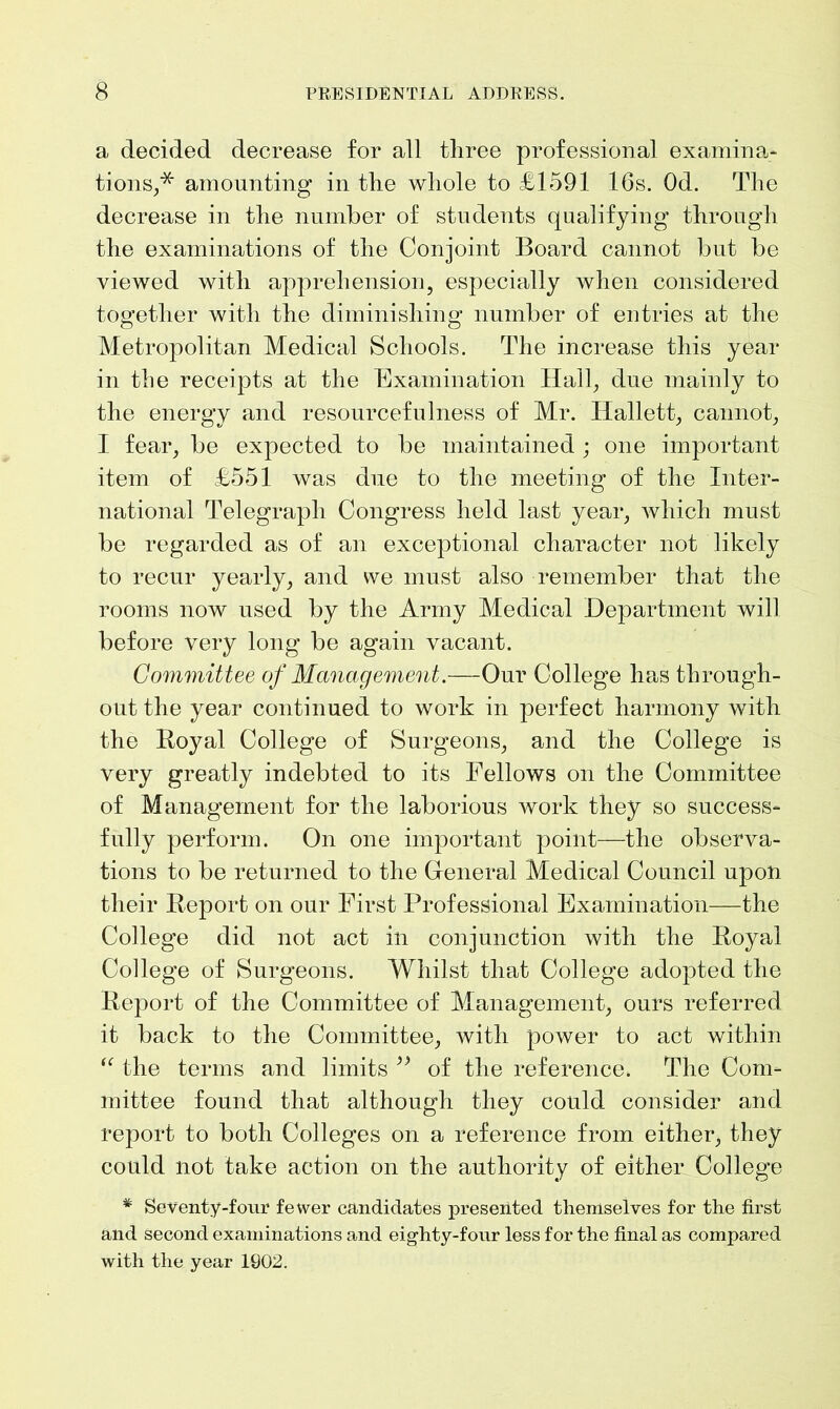 a decided decrease for all three professional examina- tions,* amounting in the whole to £1591 16s. Od. The decrease in the number of students qualifying through the examinations of the Conjoint Board cannot but be viewed with apprehension, especially when considered together with the diminishing number of entries at the Metropolitan Medical Schools. The increase this year in the receipts at the Examination Hall, due mainly to the energy and resourcefulness of Mr. Hallett, cannot, I fear, be expected to be maintained ; one important item of £551 was due to the meeting of the Inter- national Telegraph Congress held last year, which must be regarded as of an exceptional character not likely to recur yearly, and we must also remember that the rooms now used by the Army Medical Department will before very long be again vacant. Committee of Management.—Our College has through- out the year continued to work in perfect harmony with the Royal College of Surgeons, and the College is very greatly indebted to its Fellows on the Committee of Management for the laborious work they so success- fully perform. On one important point—the observa- tions to be returned to the General Medical Council upon their Report on our First Professional Examination—the College did not act in conjunction with the Royal College of Surgeons. Whilst that College adopted the Report of the Committee of Management, ours referred it back to the Committee, with power to act within “ the terms and limits ” of the reference. The Com- mittee found that although they could consider and report to both Colleges on a reference from either, they could not take action on the authority of either College * Seventy-four fewer candidates presented themselves for the first and second examinations and eighty-four less for the final as compared with the year 1902.