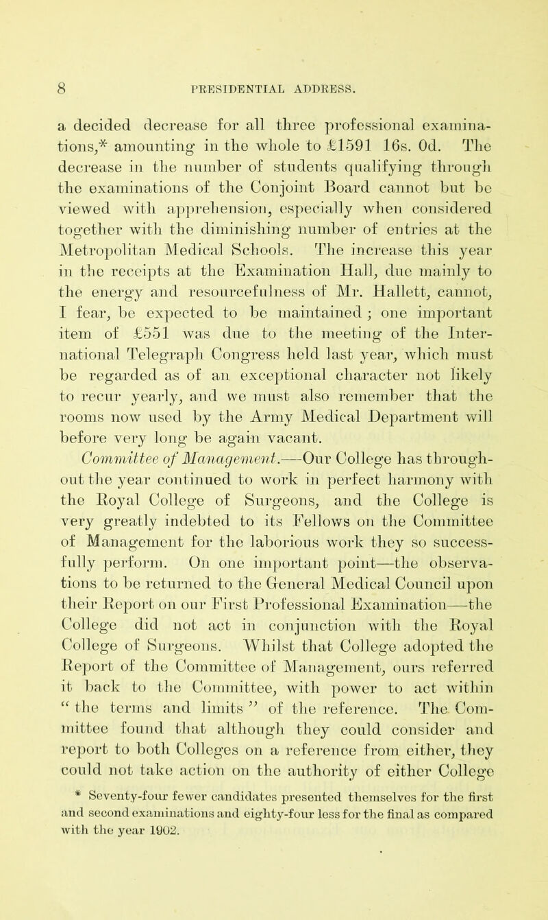 a decided decrease for all three professional examina- tions,* amounting in the whole to £1591 16s. Od. The decrease in the number of students qualifying through the examinations of the Conjoint Board cannot but be viewed with apprehension, especially when considered together with the diminishing number of entries at the Metropolitan Medical Schools. The increase this year in the receipts at the Examination Hall, due mainly to the energy and resourcefulness of Mr. Hallett, cannot, I fear, be expected to be maintained ; one important item of £551 was due to the meeting of the Inter- national Telegraph Congress held last year, which must be regarded as of an exceptional character not likely to recur yearly, and we must also remember that the rooms now used by the Army Medical Department will before very long be again vacant. Committee of Management.—Our College has through- out the year continued to work in perfect harmony with the Ro}ml College of Surgeons, and the College is very greatly indebted to its Fellows on the Committee of Management for the laborious work they so success- fully perform. On one important point—the observa- tions to be returned to the General Medical Council upon their Report on our First Professional Examination—the College did not act in conjunction with the Royal College of Surgeons. Whilst that College adopted the Report of the Committee of Management, ours referred it back to the Committee, with power to act within “ the terms and limits ” of the reference. The Com- mittee found that although they could consider and report to both Colleges on a reference from either, they could not take action on the authority of either College * Seventy-four fewer candidates presented themselves for the first and second examinations and eighty-four less for the final as compared with the year 1902.