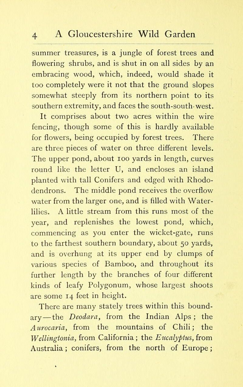 summer treasures, is a jungle of forest trees and flowering shrubs, and is shut in on all sides by an embracing wood, which, indeed, would shade it too completely were it not that the ground slopes somewhat steeply from its northern point to its southern extremity, and faces the south-south-west. It comprises about two acres within the wire fencing, though some of this is hardly available for flowers, being occupied by forest trees. There are three pieces of water on three different levels. The upper pond, about ioo yards in length, curves round like the letter U, and encloses an island planted with tall Conifers and edged with Rhodo- dendrons. The middle pond receives the overflow water from the larger one, and is filled with Water- lilies. A little stream from this runs most of the year, and replenishes the lowest pond, which, commencing as you enter the wicket-gate, runs to the farthest southern boundary, about 50 yards, and is overhung at its upper end by clumps of various species of Bamboo, and throughout its further length by the branches of four different kinds of leafy Polygonum, whose largest shoots are some 14 feet in height. There are many stately trees within this bound- ary— the Deodara, from the Indian Alps ; the Aurocaria, from the mountains of Chili; the Wellingtonia, from California ; the Eucalyptus, from Australia; conifers, from the north of Europe;