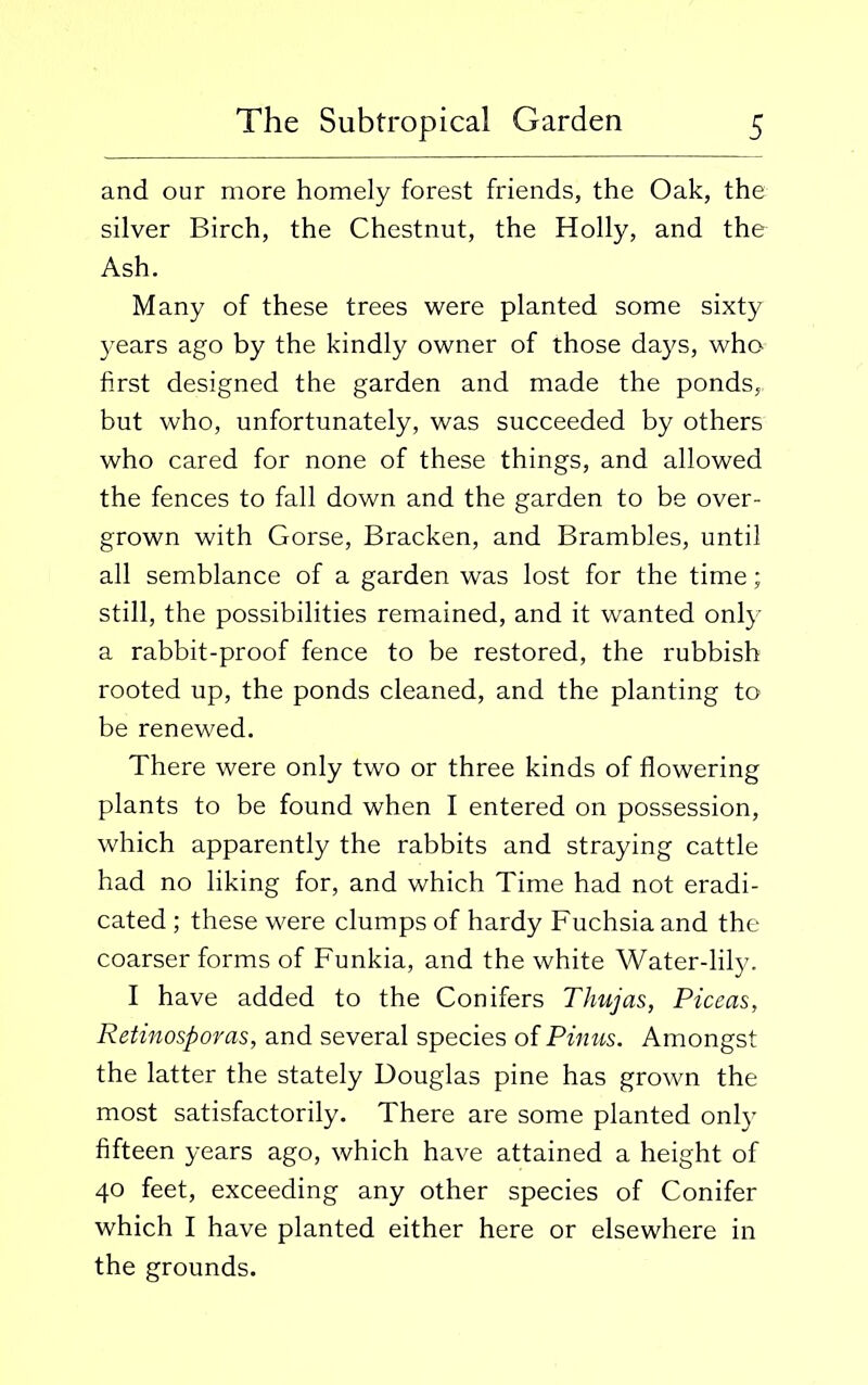 and our more homely forest friends, the Oak, the silver Birch, the Chestnut, the Holly, and the Ash. Many of these trees were planted some sixty years ago by the kindly owner of those days, who first designed the garden and made the ponds, but who, unfortunately, was succeeded by others who cared for none of these things, and allowed the fences to fall down and the garden to be over- grown with Gorse, Bracken, and Brambles, until all semblance of a garden was lost for the time; still, the possibilities remained, and it wanted only a rabbit-proof fence to be restored, the rubbish rooted up, the ponds cleaned, and the planting to be renewed. There were only two or three kinds of flowering plants to be found when I entered on possession, which apparently the rabbits and straying cattle had no liking for, and which Time had not eradi- cated ; these were clumps of hardy Fuchsia and the coarser forms of Funkia, and the white Water-lily. I have added to the Conifers Thujas, Piceas, Retinosporas, and several species of Pinus. Amongst the latter the stately Douglas pine has grown the most satisfactorily. There are some planted only fifteen years ago, which have attained a height of 40 feet, exceeding any other species of Conifer which I have planted either here or elsewhere in the grounds.