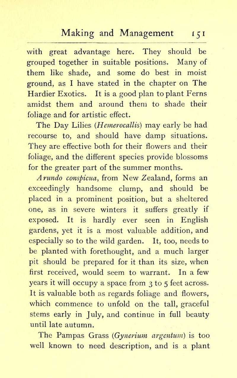 with great advantage here. They should be grouped together in suitable positions. Many of them like shade, and some do best in moist ground, as I have stated in the chapter on The Hardier Exotics. It is a good plan to plant Ferns amidst them and around them to shade their foliage and for artistic effect. The Day Lilies (Hemerocallis) may early be had recourse to, and should have damp situations. They are effective both for their flowers and their foliage, and the different species provide blossoms for the greater part of the summer months. Arundo conspicua, from New Zealand, forms an exceedingly handsome clump, and should be placed in a prominent position, but a sheltered one, as in severe winters it suffers greatly if exposed. It is hardly ever seen in English gardens, yet it is a most valuable addition, and especially so to the wild garden. It, too, needs to be planted with forethought, and a much larger pit should be prepared for it than its size, when first received, would seem to warrant. In a few years it will occupy a space from 3 to 5 feet across. It is valuable both as regards foliage and flowers, which commence to unfold on the tall, graceful stems early in July, and continue in full beauty until late autumn. The Pampas Grass (Gynerium argentum) is too well known to need description, and is a plant