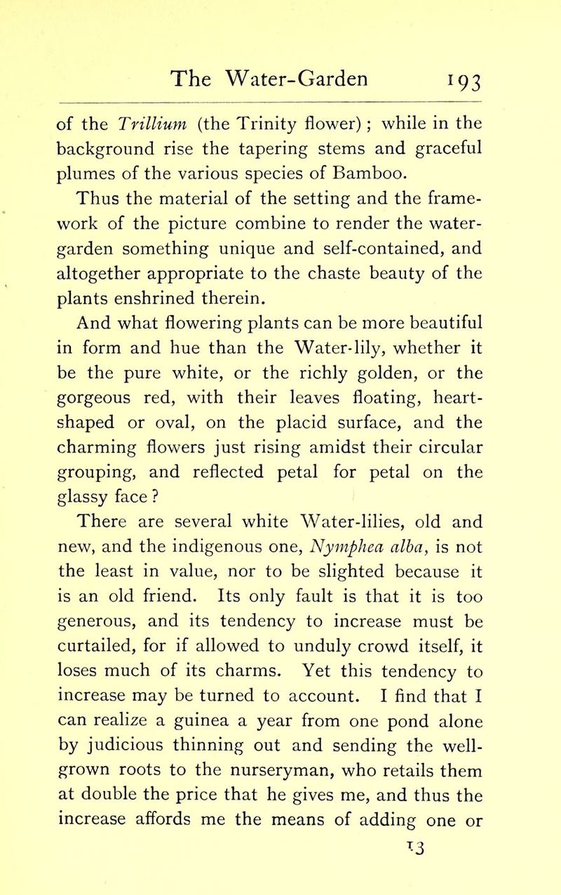 *93 of the Trillium (the Trinity flower); while in the background rise the tapering stems and graceful plumes of the various species of Bamboo. Thus the material of the setting and the frame- work of the picture combine to render the water- garden something unique and self-contained, and altogether appropriate to the chaste beauty of the plants enshrined therein. And what flowering plants can be more beautiful in form and hue than the Water-lily, whether it be the pure white, or the richly golden, or the gorgeous red, with their leaves floating, heart- shaped or oval, on the placid surface, and the charming flowers just rising amidst their circular grouping, and reflected petal for petal on the glassy face ? There are several white Water-lilies, old and new, and the indigenous one, Nymphea alba, is not the least in value, nor to be slighted because it is an old friend. Its only fault is that it is too generous, and its tendency to increase must be curtailed, for if allowed to unduly crowd itself, it loses much of its charms. Yet this tendency to increase may be turned to account. I find that I can realize a guinea a year from one pond alone by judicious thinning out and sending the well- grown roots to the nurseryman, who retails them at double the price that he gives me, and thus the increase affords me the means of adding one or T3