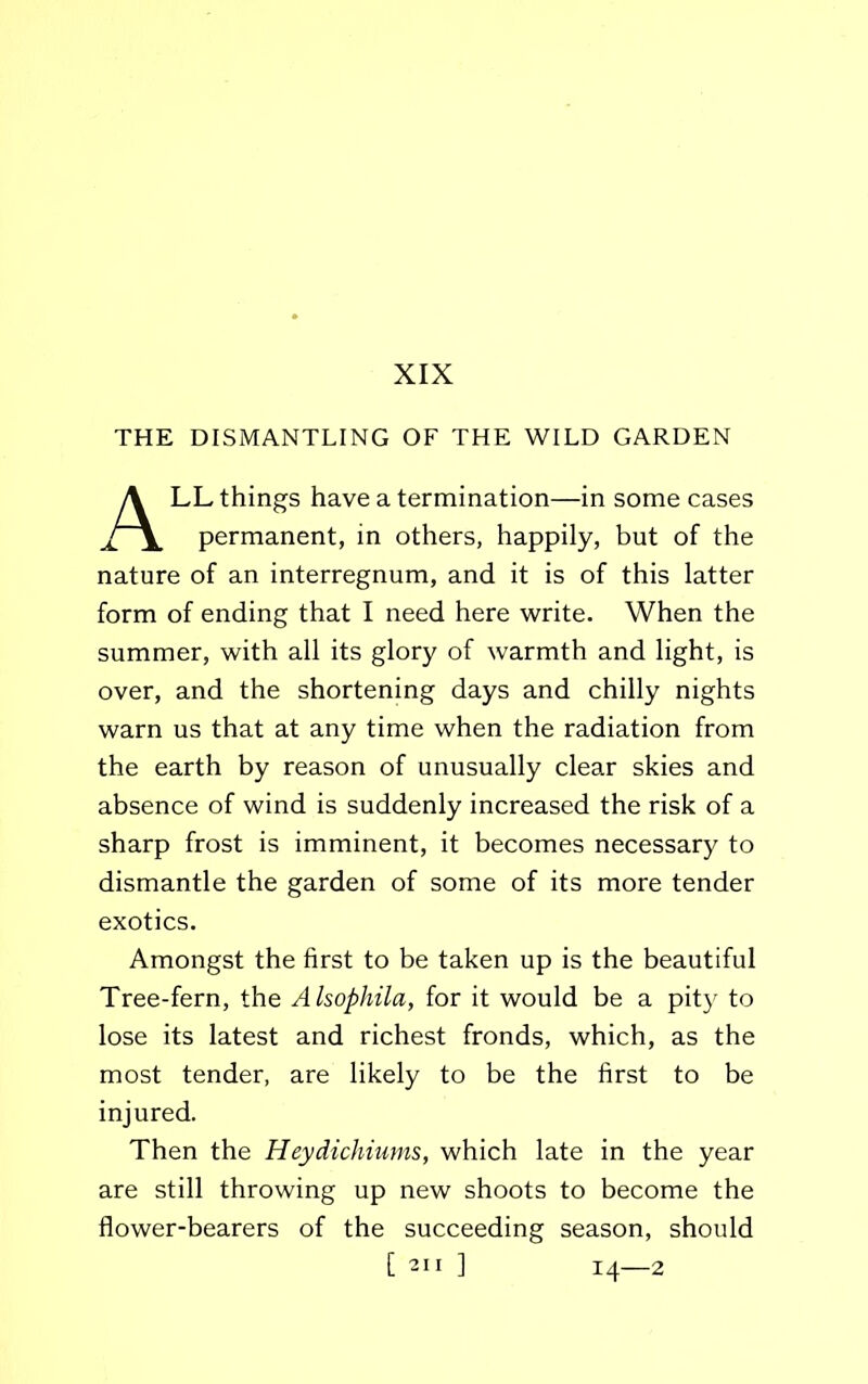 XIX THE DISMANTLING OF THE WILD GARDEN A LL things have a termination—in some cases permanent, in others, happily, but of the nature of an interregnum, and it is of this latter form of ending that I need here write. When the summer, with all its glory of warmth and light, is over, and the shortening days and chilly nights warn us that at any time when the radiation from the earth by reason of unusually clear skies and absence of wind is suddenly increased the risk of a sharp frost is imminent, it becomes necessary to dismantle the garden of some of its more tender exotics. Amongst the first to be taken up is the beautiful Tree-fern, the Alsophila, for it would be a pity to lose its latest and richest fronds, which, as the most tender, are likely to be the first to be injured. Then the Heydichiums, which late in the year are still throwing up new shoots to become the flower-bearers of the succeeding season, should