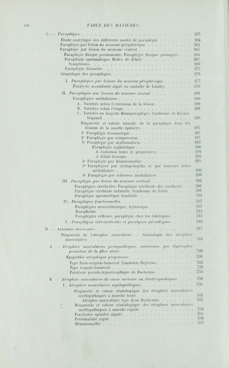 C. — Paraplégies 265 Etude analytique des différents modes de paraplégie '204 Paraplégie par lésion du neurone périphérique '204 Paraplégie par lésion du neurone central 205 Paraplégie llasque permanente. Paraplégie flasque passagère . . . 265 Paraplégie spasmodique. Modes de début 267 Symptômes 200 Paraplégie dissociée 275 Sémiologie des paraplégies 276 I. Paraplégies par lésions du neurone périphérique Paralysie ascendante aiguë ou maladie de Landry 279 II. Paraplégies par lésions du neurone central 280 Paraplégies médullaires 280 A. Variétés selon l'extension de la lésion 280 I!. Variétés selon l'étage 281 C. Variétés en largeur.Hémiparaplégie. Syndrome de lirown- Séquard 280 Diagnostic et valeur causale de la paraplégie dans les lésions de la moelle épinière 287 1° Paraplégie traumatique 287 2° Paraplégie par compression 287 5° Paraplégie par myélomalocie 289 Paraplégie syphilitique 290 A évolution lente et progressive 291 A début brusque 292 4° Paraplégie par hématomyélie 295 5“ Paraplégies par syringomyélie et par tumeurs intra- médullaires 290 6° Paraplégie par scléroses médullaires 298 III. Paraplégie pur lésion du neurone cortical 501 Paraplégies cérébrales. Paraplégie cérébrale des vieillards 501 Paraplégie cérébrale infantile. Syndrome de Little . . 501 Paraplégie spasmodique familiale 512 IV. Paraplégies fonctionnelles 515 Paraplégies neurasthénique, hystérique 515 Basophobie ■ 515 Paraplégies réflexes, paraplégie chez les tabétiques 515 V. Paraplégies intermittentes et paralysies périodiques 516 11. — Atrophies musculaires Diagnostic de l'atrophie musculaire. Sémiologie des atrophie- musculaires 518 A. — Atrophies musculaires protopalhiques, autonomes, par dystrophie primitive de la fibre striée >'20 Myopathie atrophique progressive >20 Type facio-scapulo-huinéral (Landouzy-Dejerine, 524 Type scapulo-huméral >29 Paralysie pseudo-hypertrophique de Duchenne 555 I!. Atrophies musculaires de cause nerveuse ou deutéropalhiques > >8 I. Atrophies musculaires myélopatliiques >59 Diagnostic et valeur sémiologique des atrophies musculaires myélopatliiques à marche lente 542 Atrophie musculaire type Aran Duchenne >42 Diagnostic et valeur sémiologique des atrophies musculaires myélopatliiques à marche rapide >54 Paralysies spinales aiguës 5,>.> Poliomyélite aiguë •'■>6 Hématomyélie '■ •J’,~