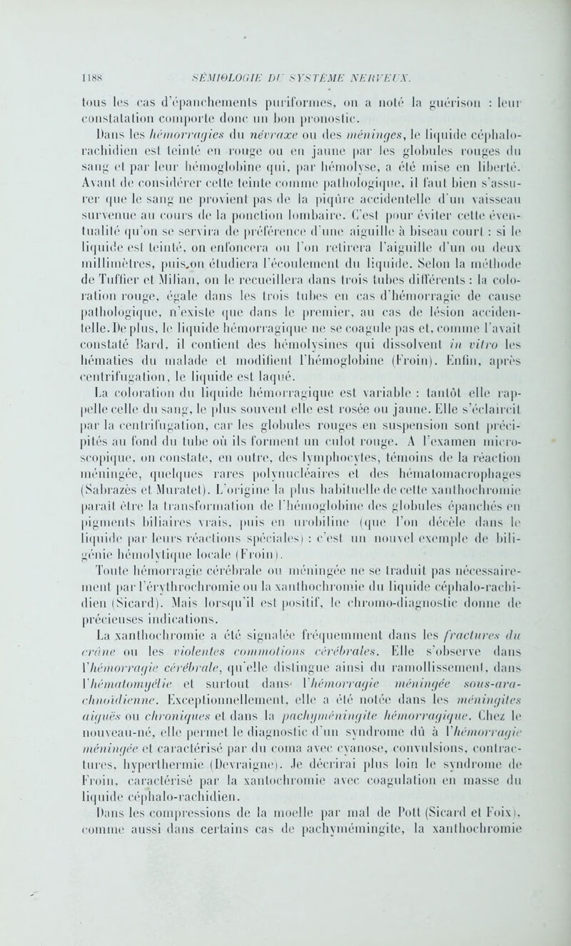 tous les cas d’épanchements puriformes, on a noté la guérison : leur constatation comporte donc un bon pronostic. Dans les hémorragies du névraxe ou des méninges, le liquide céphalo- rachidien esl teinté en rouge ou en jaune par les globules rouges du sang et par leur hémoglobine qui, par hémolyse, a été mise en liberté. Avant de considérer cette teinte comme pathologique, il faut bien s'assu- rer que le sang ne provient pas de la piqûre accidentelle d'un vaisseau survenue au cours de la ponction lombaire. C’est pour éviter cette éven- tualité qu’on se servira de préférence d'une aiguille à biseau court : si le liquide est teinté, on enfoncera ou l'on retirera l’aiguille d’un ou deux millimètres, puis.on étudiera l’écoulement du liquide. Selon la méthode de Tu filer et AI i I ian, on le recueillera dans trois tubes différents : la colo- ration rouge, égale dans les trois tubes eu cas d’hémorragie de cause pathologique, n’existe que dans le premier, au cas de lésion acciden- telle. De plus, le liquide hémorragique ne se coagule pas et, comme l’avait constaté Baril, il contient des hémolysines qui dissolvent in vitro les hématies du malade et modifient l'hémoglobine (Froin). Enfin, après centrifugation, le liquide est laqué. La coloration du liquide hémorragique est variable : tantôt elle rap- pelle celle du sang, le plus souvent elle est rosée ou jaune. File s’éclaircit par la centrifugation, car les globules rouges en suspension sont préci- pités au fond du tube où ils forment un culot rouge. A l’examen micro- scopique, on constate, en outre, des lymphocytes, témoins de la réaction méningée, quelques rares polynucléaires et des hémalomacrophages (Sabrazès et Muralet). L’origine la plus habituelle de cette xanthochromie parait être la transformation de l'hémoglobine des globules épanchés en pigments biliaires vrais, puis en urobiline (que l’on décèle dans le liquide par leurs réactions spéciales) : c’est un nouvel exemple de bili- génie hémolytique locale (Froin). Toute hémorragie cérébrale ou méningée ne se traduit pas nécessaire- ment par l érythrochromie ou la xanthochromie du liquide céphalo-rachi- dien (Sicard). Mais lorsqu’il est positif, le chromo-diagnostic donne de précieuses indications. La xanthochromie a été signalée fréquemment dans les fractures <ln crâne ou les violentes commotions cérébrales. Elle s'observe dans Vhémorragie cérébrale, qu elle distingue ainsi du ramollissement, dans Vhématomyélie et surtout dans* Vhémorragie méningée sous-ara- chnoïdienne. Exceptionnellement, elle a été notée dans les méningites aiguës ou chroniques et dans la pachgméningite hémorragique. Chez le nouveau-né, elle permet le diagnostic d'un syndrome dû à l'hémorragie méningée et caractérisé par du coma avec cyanose, convulsions, contrac- tures, hyperthermie (Devraigne). Je décrirai plus loin le syndrome de Froin, caractérisé par la xantochromie avec coagulation en masse du liquide céphalo-rachidien. Dans les compressions de la moelle par mal de Pott (Sicard et Foix), comme aussi dans certains cas de pachymémingite, la xanthochromie