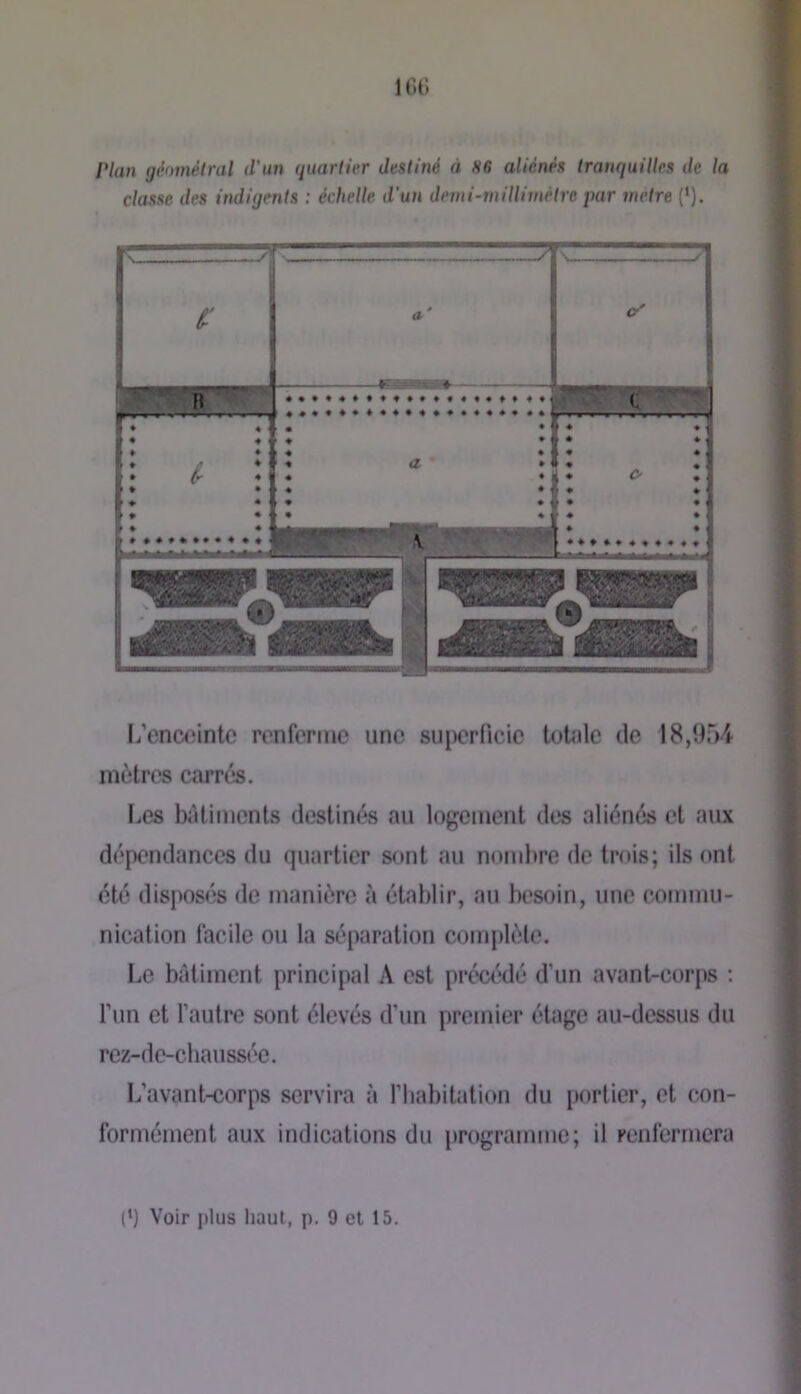 IGt) Plan géomélral d'un quartier destiné à 86 aliénés tranquilles de la classe des indigents : échelle d'un demi-milliinêlre par métré (‘), I/encointo renferme une superficie totîfie de 18,954 mètres carrés. Les bâtiments destinés au logement des aliénés et aiui dépendances du quartier sont au nombre de trois; ils ont été disposés de manière à établir, au besoin, une commu- nication facile ou la séparation complète. Le bâtiment principal A est précédé d’un avant-corps ; Tun et l’autre sont élevés d’un premier étage au-dessus du rez-de-chaussée. L’avant-corps servira à l’habitation du portier, et con- formément aux indications du [)rogramme; il Fcnferrncra (*)
