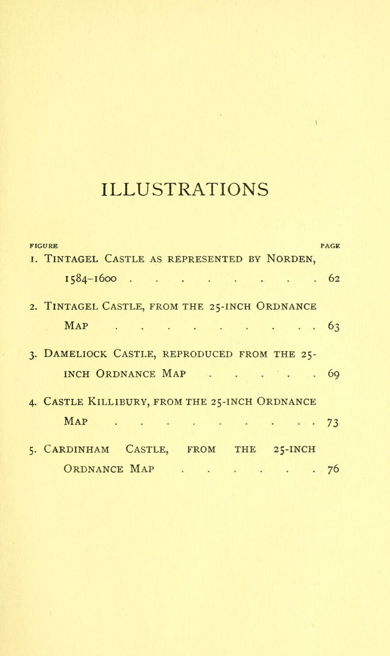 ILLUSTRATIONS FIGURE PAGE 1. Tintagel Castle as represented by Norden, 1584-1600 62 2. Tintagel Castle, from the 25-iNCH Ordnance Map 63 3. Dameliock Castle, reproduced from the 25- inch Ordnance Map . . . . .69 4. Castle Killibury, from the 25-iNCH Ordnance Map 73 5. Cardinham Castle, from the 25-iNCH 76 Ordnance Map