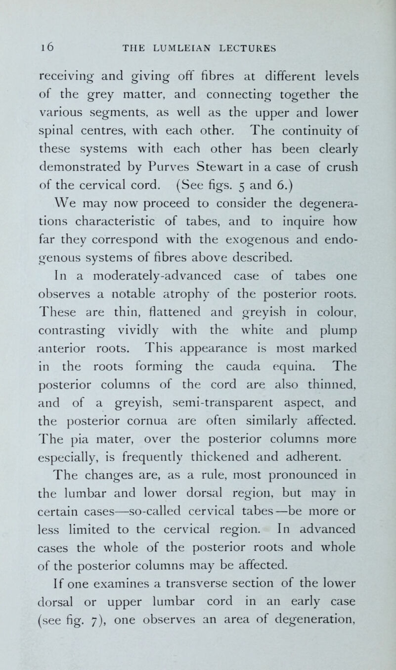 receiving and giving off fibres at different levels of the grey matter, and connecting together the various segments, as well as the upper and lower spinal centres, with each other. The continuity of these systems with each other has been clearly demonstrated by Purves Stewart in a case of crush of the cervical cord. (See figs. 5 and 6.) We may now proceed to consider the degenera- tions characteristic of tabes, and to inquire how far they correspond with the exogenous and endo- genous systems of fibres above described. In a moderately-advanced case of tabes one observes a notable atrophy of the posterior roots. These are thin, flattened and greyish in colour, contrasting vividly with the white and plump anterior roots. This appearance is most marked in the roots forming the cauda equina. The posterior columns of the cord are also thinned, and of a greyish, semi-transparent aspect, and the posterior cornua are often similarly affected. The pia mater, over the posterior columns more especially, is frequently thickened and adherent. The changes are, as a rule, most pronounced in the lumbar and lower dorsal region, but may in certain cases—so-called cervical tabes—be more or less limited to the cervical region. In advanced cases the whole of the posterior roots and whole of the posterior columns may be affected. If one examines a transverse section of the lower dorsal or upper lumbar cord in an early case (see fig. 7), one observes an area of degeneration,