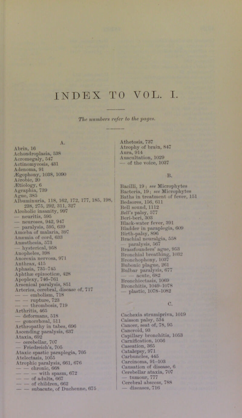 The numbers refer to the pages. A. Abrin, 16 Achondroplasia, 538 Acromegaly, 547 Actinomycosis, 431 Adenoma, 91 digophony,1038, 1090 Aerobic, 20 etiology, 6 Agraphia, 739 Ague, 385 Albuminuria, 118, 162, 172, 177, 185, 198, 238, 275, 292, 811, 327 Alcoholic insanity, 997 — neuritis, 595 — neuroses, 942, 947 — paralysis, 595, 639 Amoeba of malaria, 397 Ansemia of cord, 633 Amesthesia, 573 - hysterical. 958 Anopheles, 398 Anorexia nervosa, 971 Anthrax, 415 Aphasia, 735-745 Aphtha* epizootica*. 428 Apoplexy, 746-761 Arsenical paralysis, 851 Arteries, cerebral, disease of. 717 embolism, 718 rupture, 723 thrombosis, 719 Arthritis, 465 — deformans, 518 — gonorrhoeal, 511 Arthropathy in tabes, 696 Ascending paralysis, 637 Ataxia, 692 — cerebellar, 707 — Friedreich’s, 705 Ataxic spastic paraplegia, 705 Atelectasis, 1055 Atrophic paralysis, 661, 676 chronic, 668 with spasm, 672 of adults, 667 of children, 662 subacute, of Duchenne, 675 Athetosis, 737 Atrophy of brain, 847 Aura. 914 Auscultation, 1029 — of the voice, 1037 B. Bacilli, 19 ; see Microphytes Bacteria, 19; see Microphytes Baths in treatment of fever, 151 Bedsores, 156, 611 Bell sound, 1112 Hell's palsy, 577 Beri-beri, 303 Black-water fever, 391 Bladder in paraplegia, (50*3 Birth-palsy, 8!M> Brachial neuralgia, 558 paralysis, 567 Brassfounders’ ague, 953 Bronchial breathing, 1032 Bronchophony,1037 Bulnmic plague, 261 Bulbar paralysis, 677 acute, 682 Bronchiectasis, 10*59 Bronchitis, 1049-1078 — plastic, 1078-1082 C. Cachexia stnunipriva, 1019 Caisson palsy, 534 Cancer, seat of, 78, 95 Cancroid, 93 Capillary bronchitis, 1053 Carnification, 1056 Caseation, 365 Catalepsy, 971 Carbuncles, 445 Carcinoma, 91-103 Causation of disease, 6 Cerebellar ataxia, 707 — tumour, 777 Cerebral abscess, 788 I — diseases, 716