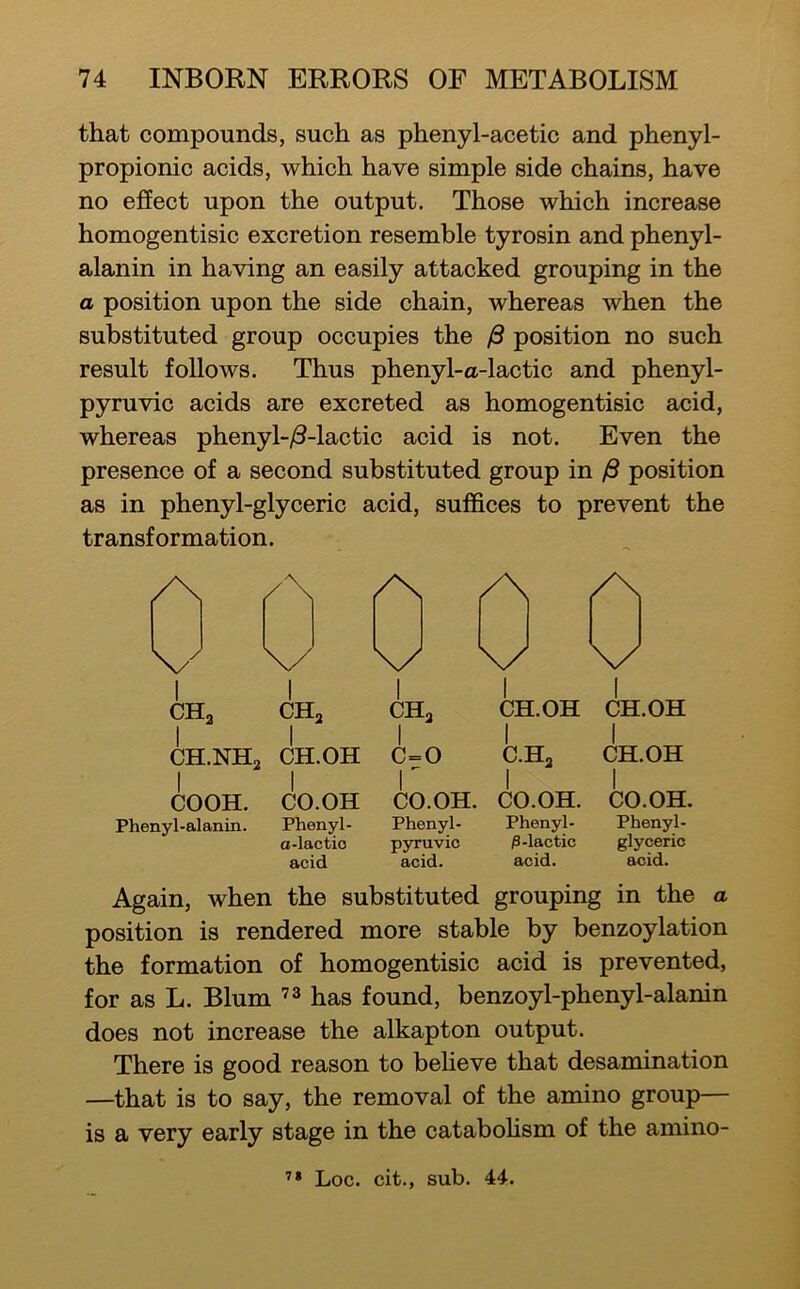 that compounds, such as phenyl-acetic and phenyl- propionic acids, which have simple side chains, have no effect upon the output. Those which increase homogentisic excretion resemble tyrosin and phenyl- alanin in having an easily attacked grouping in the a position upon the side chain, whereas when the substituted group occupies the position no such result follows. Thus phenyl-a-lactic and phenyl- pyruvic acids are excreted as homogentisic acid, whereas phenyl-/3-lactic acid is not. Even the presence of a second substituted group in position as in phenyl-glyceric acid, suffices to prevent the transformation. 1 \/ 1 \x 1 \x 1 CHa 1 CHa 1 CHa 1 I CH.OH 1 CH.OH 1 CH.NHj 1 CH.OH 1 c=o 1 C.Ha 1 CH.OH I COOH. Phenyl-alanin. 1 CO.OH Phenyl- o-lactio acid 1 CO.OH Phenyl- pyruvic acid. 1 CO.OH. Phenyl- /3-lactic acid. I CO.OH. Phenyl- glyceric acid. Again, when the substituted grouping in the a position is rendered more stable by benzoylation the formation of homogentisic acid is prevented, for as L. Blum has found, benzoyl-phenyl-alanin does not increase the alkapton output. There is good reason to beheve that desamination —that is to say, the removal of the amino group— is a very early stage in the catabohsm of the amino-