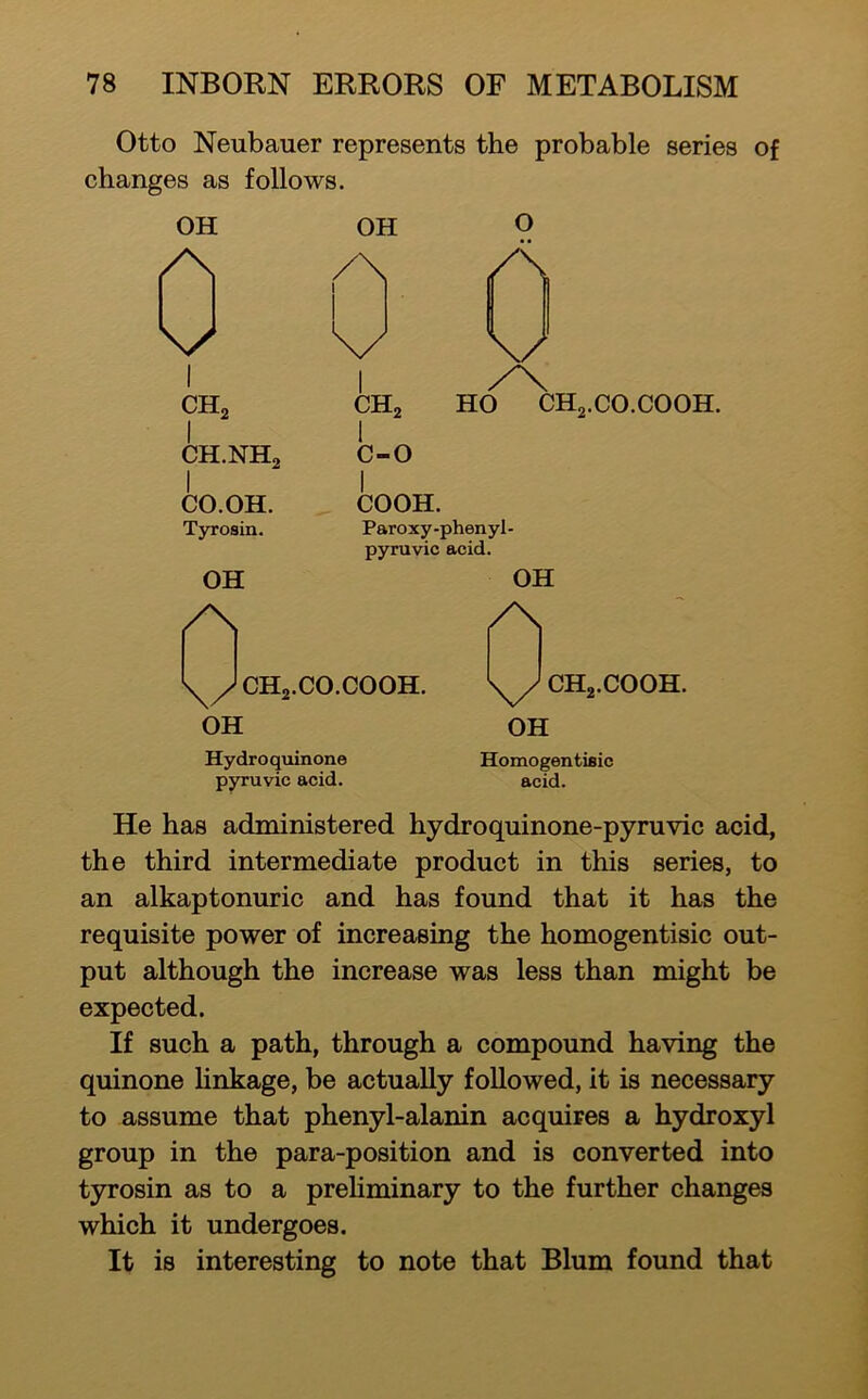 Otto Neubauer represents the probable series of changes as follows. OH OH 0 /\ 1 A V 1 V 1 1 CH2 CHj HO CHj.CO.COOH I 1 CH.NH2 C-0 I I CO.OH. COOH. T3TOsin. Paroxy-phenyl- pyruvic acid. OH OH yyCH2.CO.COOH. l^CHa.COOH. OH OH Hydro quinone pyruvic acid. Homogentisic acid. He has administered hydroquinone-pyruvic acid, the third intermediate product in this series, to an alkaptonuric and has found that it has the requisite power of increasing the homogentisic out- put although the increase was less than might be expected. If such a path, through a compound having the quinone linkage, be actually followed, it is necessary to assume that phenyl-alanin acquires a hydroxyl group in the para-position and is converted into tyrosin as to a preHminary to the further changes which it undergoes. It is interesting to note that Blum found that