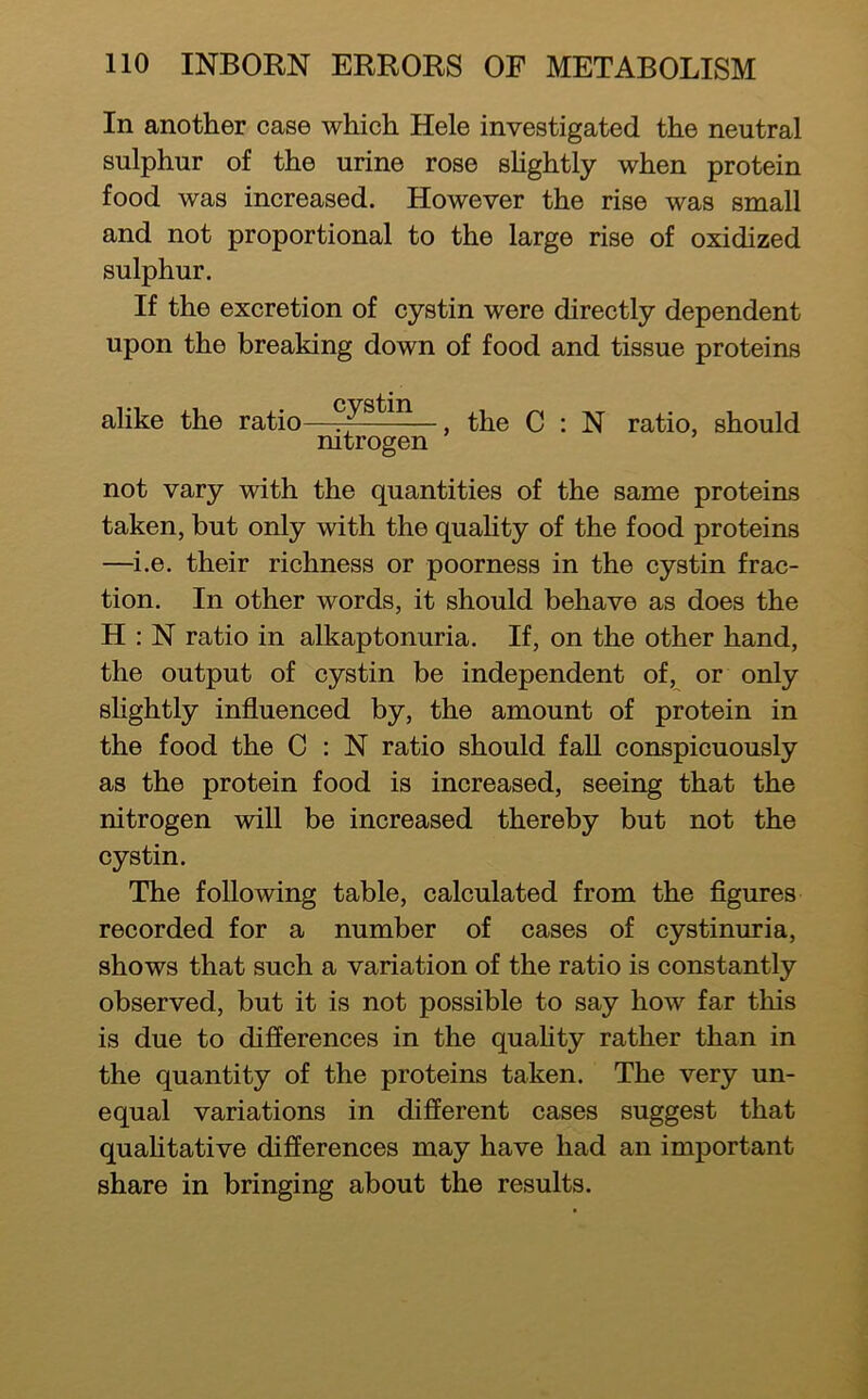 In another case which Hele investigated the neutral sulphur of the urine rose sHghtly when protein food was increased. However the rise was small and not proportional to the large rise of oxidized sulphur. If the excretion of cystin were directly dependent upon the breaking down of food and tissue proteins alike the ratio——, the C : N ratio, should mtrogen not vary with the quantities of the same proteins taken, but only with the quahty of the food proteins —i.e. their richness or poorness in the cystin frac- tion. In other words, it should behave as does the H : N ratio in alkaptonuria. If, on the other hand, the output of cystin be independent of, or only slightly influenced by, the amount of protein in the food the C : N ratio should fall conspicuously as the protein food is increased, seeing that the nitrogen will be increased thereby but not the cystin. The following table, calculated from the figures recorded for a number of cases of cystinuria, shows that such a variation of the ratio is constantly observed, but it is not possible to say how far tliis is due to diflerences in the quahty rather than in the quantity of the proteins taken. The very un- equal variations in different cases suggest that quahtative differences may have had an important share in bringing about the results.