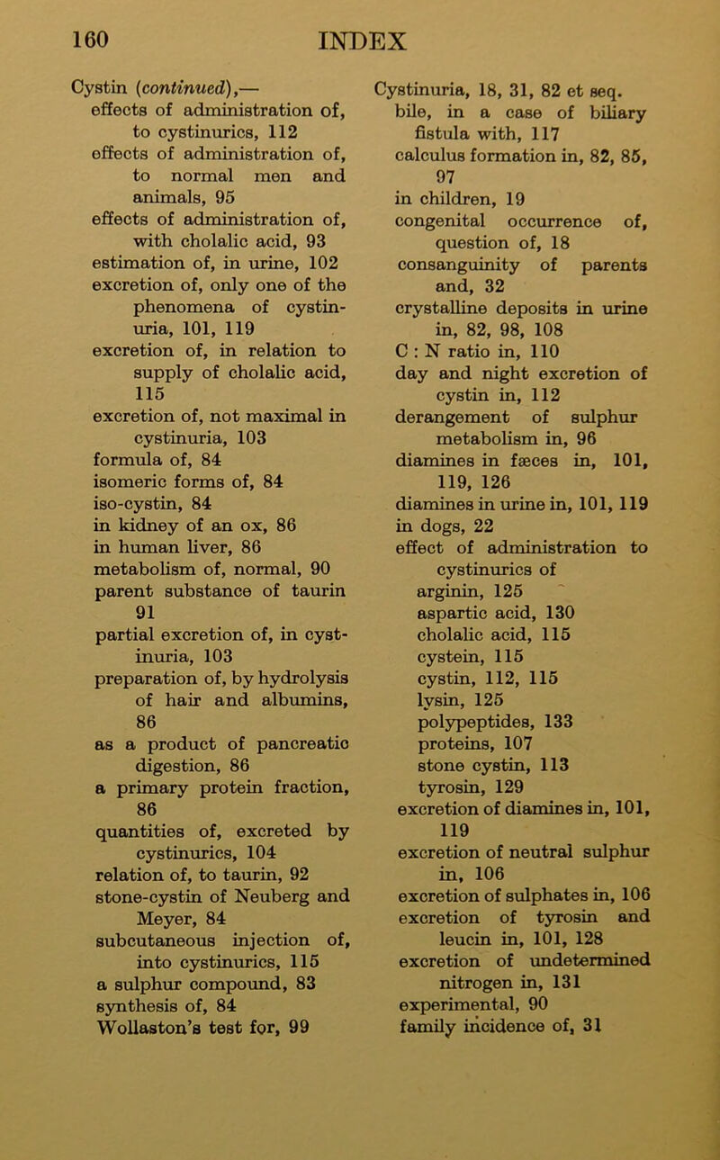 Cystin {continued),— effects of administration of, to cystinurics, 112 effects of administration of, to normal men and animals, 95 effects of administration of, with cholalic acid, 93 estimation of, in urine, 102 excretion of, only one of the phenomena of cystin- uria, 101, 119 excretion of, in relation to supply of cholalic acid, 115 excretion of, not maximal in cystinuria, 103 formula of, 84 isomeric forms of, 84 iso-cystin, 84 in kidney of an ox, 86 in human liver, 86 metaboUsm of, normal, 90 parent substance of taurin 91 partial excretion of, in cyst- inuria, 103 preparation of, by hydrolysis of hair and albumins, 86 as a product of pancreatic digestion, 86 a primary protein fraction, 86 quantities of, excreted by cystinurics, 104 relation of, to taurin, 92 stone-cystin of Neuberg and Meyer, 84 subcutaneous injection of, into cystinurics, 115 a sulph\ir compound, 83 synthesis of, 84 Wollaston’s test for, 99 Cystinuria, 18, 31, 82 et seq. bile, in a case of biliary fistula with, 117 calculus formation in, 82, 85, 97 in children, 19 congenital occurrence of, question of, 18 consanguinity of parents and, 32 crystalline deposits in urine in, 82, 98, 108 C : N ratio in, 110 day and night excretion of cystin in, 112 derangement of sulphur metabolism in, 96 diamines in fseces in, 101, 119, 126 diamines in urine in, 101, 119 in dogs, 22 effect of administration to cystinurics of arginin, 125 aspartic acid, 130 cholalic acid, 115 cystein, 115 cystin, 112, 115 lysin, 125 polypeptides, 133 proteins, 107 stone cystin, 113 tsn-osin, 129 excretion of diamines in, 101, 119 excretion of neutral sulphur in, 106 excretion of sulphates in, 106 excretion of tyrosin and leucin in, 101, 128 excretion of undetermined nitrogen in, 131 experimental, 90 family incidence of, 31