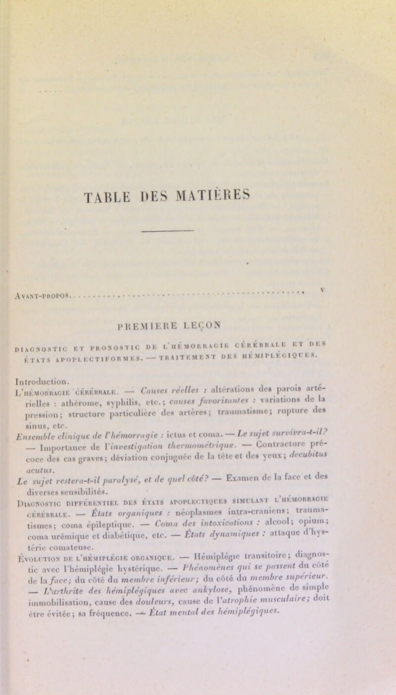 TÂHLE 1»ES MâTIEUES V Avant-propos 1*UEM1E11E I.EÇOS DIACSOSTIC ET PROSOSTIC ÉTATS APOPLECTIFOBMKS. DK l’iiÉMORRACIE CÉrÉBRAI.E ET DES TRA1TEME5T DES H É MI P L É G I Q l'E 8. Introiluction. , . , E’iikmorracie CÉRÉRRALE. — Caufcs refiles : altération» de» p.yoi» arté- rielle» : atliéroiuc, sypliili», etc.; cmises favoris,mies : variation» de la pre»sion; »tructure particulière de» artère»; traiiniati»iiie; riipliire c» »inu», etc. . Ensemble clinique de l'he'morraqie : iclu» et coma. — Le sujet survtvra-t-il■ Importance de Vinvesliqalion tUermoniétrique. — Contracture pré- coce de» ca» grave»; déviation conjuguée de la tète et de» yeux; decubitus acutus. . Le sujet restera-t-il paralysé, et de quel côté? — Examen de la face et de» diverse» »en»il)ilité«. ^ . l»IACSOSTIC DIFFÉRENTIEL DES ÉTATS APOPLEGTIOfES SIMILAST l’iIKMORRACIK CÉRÉBRALE. — États organiques : néoplasme» intr.i-cranien»; trauma- tisme»; coma épileptique. — Coma des intoxications : alcool; opium; coma urémique et diabétique, etc. — États dynamiques : attaque d hys- térie comateuse. ÉvonTiON DE l'iiÉmiplÉcie ORCANIOI-E. — Hémiplégie transitoire; di.ignos- tic avec l'hémiplégie hystérique. — Phénomènes qui se passent du côte de la/«ce; du côté du snembre inférieur; du côté du membre supérieur. L'’ailhrite des hémiplégiques avec ankylosé, phénomène de simple immobilisation, cause de» douleurs, cause de {'atrophie musculaiie, doit être évitée; sa fréquence. —^ État mental des hémiplégiques.