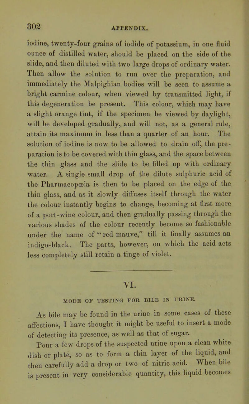 iodine, twenty-four grains of iodide of potassium, in one fluid ounce of distilled water, should be placed on the side of the slide, and then diluted with two large drops of ordinary water. Then allow the solution to run over the preparation, and immediately the Malpighian bodies will be seen to assume a bright carmine colour, when viewed by transmitted light, if this degeneration be present. This colour, which may have a slight orange tint, if the specimen be viewed by daylight, will be developed gradually, and will not, as a general rule, attain its maximum in less than a quarter of an hour. The solution of iodine is now to be allowed to drain off, the pre- paration is to be covered with thin glass, and the space between the thin glass and the slide to be filled up with ordinary water. A single small drop of the dilute sulphuric acid of the Pharmacopoeia is then to be placed on the edge of the thin glass, and as it slowly diffuses itself through the water the colour instantly begins to change, becoming at first more of a port-wine colour, and then gradually passing through the various shades of the colour recently become so fashionable under the name of “ red mauve,” till it finally assumes an indigo-black. The parts, however, on which the acid acts less completely still retain a tinge of violet. YI. MODE OF TESTING FOR BILE IN URINE. As bile may be found in the urine in some cases of these affections, I have thought it might be useful to insert a mode of detecting its presence, as well as that of sugar. Pour a few drops of the suspected urine upon a clean white dish or plate, so as to form a thin layer of the liquid, and then carefully add a drop or two of nitric acid. When bde is present in very considerable quantity, this liquid becomes