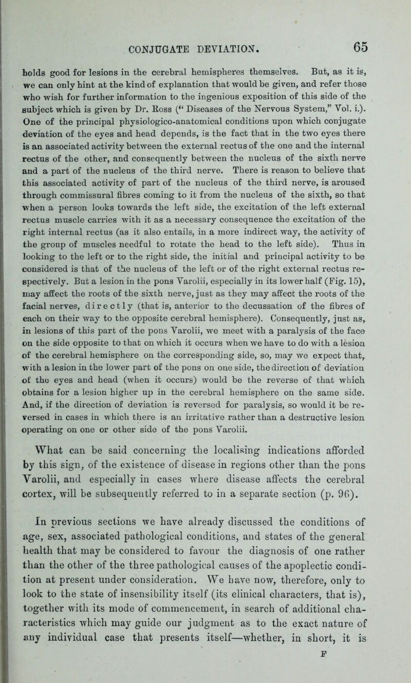 holds good for lesions in the cerebral hemispheres themselves. But, as it is, we can only hint at the kind of explanation that would be given, and refer those who wish for further information to the ingenious exposition of this side of the subject which is given by Dr. Ross (“ Diseases of the Nervous System,” Yol. i.). One of the principal physiologico-anatomical conditions upon which conjugate deviation of the eyes and head depends, is the fact that in the two eyes there is an associated activity between the external rectus of the one and the internal rectus of the other, and consequently between the nucleus of the sixth nerve and a part of the nucleus of the third nerve. There is reason to believe that this associated activity of part of the nucleus of the third nerve, is aroused through commissural fibres coming to it from the nucleus of the sixth, so that when a person looks towards the left side, the excitation of the left external rectus muscle carries with it as a necessary consequence the excitation of the right internal rectus (as it also entails, in a more indirect way, the activity of the group of muscles needful to rotate the head to the left side). Thus in looking to the left or to the right side, the initial and principal activity to be considered is that of the nucleus of the left or of the right external rectus re- spectively. But a lesion in the pons Yarolii, especially in its lower half (Fig. 15), may affect the roots of the sixth nerve, just as they may affect the roots of the facial nerves, directly (that is, anterior to the decussation of the fibres of each on their way to the opposite cerebral hemisphere). Consequently, just as, in lesions of this part of the pons Yarolii, we meet with a paralysis of the face on the side opposite to that on which it occurs when we have to do with a lesion of the cerebral hemisphere on the corresponding side, so, may we expect that, with a lesion in the lower part of the pons on one side, the direction of deviation of the eyes and head (when it occurs) would be the reverse of that which obtains for a lesion higher up in the cerebral hemisphere on the same side. And, if the direction of deviation is reversed for paralysis, so would it be re- versed in cases in which there is an irritative rather than a destructive lesion operating on one or other side of the pons Yarolii. What can be said concerning the localising indications afforded by this sign, of the existence of disease in regions other than the pons Yarolii, and especially in cases where disease affects the cerebral cortex, will be subsequently referred to in a separate section (p. 96). In previous sections we have already discussed the conditions of age, sex, associated pathological conditions, and states of the general health that may be considered to favour the diagnosis of one rather than the other of the three pathological causes of the apoplectic condi- tion at present under consideration. We have now, therefore, only to look to the state of insensibility itself (its clinical characters, that is), together with its mode of commencement, in search of additional cha- racteristics which may guide our judgment as to the exact nature of any individual case that presents itself—whether, in short, it is F