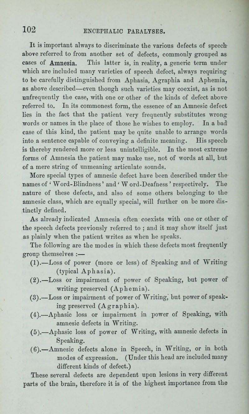 It is important always to discriminate the various defects of speech- above referred to from another set of defects, commonly grouped as cases of Amnesia. This latter is, in reality, a generic term under which are included many varieties of speech defect, always requiring to be carefully distinguished from Aphasia, Agraphia and Aphemia, as above described—even though such varieties may coexist, as is not unfrequently the case, with one or other of the kinds of defect above referred to. In its commonest form, the essence of an Amnesic defect lies in the fact that the patient very frequently substitutes wrong words or names in the place of those he wishes to employ. In a bad case of this kind, the patient may be quite unable to arrange words into a sentence capable of conveying a definite meaning. His speech' is thereby rendered more or less unintelligible. In the most extreme forms of Amnesia the patient may make use, not of words at all, but of a mere string of unmeaning articulate sounds. More special types of amnesic defect have been described under the names of ‘ Word-Blindness ’ and ‘ W ord-Deafness ’ respectively. The nature of these defects, and also of some others belonging to the amnesic class, which are equally special, will further on be more dis- tinctly defined. As already indicated Amnesia often coexists with one or other of the speech defects previously referred to ; and it may show itself just as plainly when the patient writes as when he speaks. The following are the modes in which these defects most frequently group themselves :— (1) .—Loss of power (more or less) of Speaking and of Writing (typical Aphasia). (2) .—Loss or impairment of power of Speaking, but power of writing preserved (Aphemia). (3) .—Loss or impairment of power of Writing,' but power of speak- ing preserved (Agraphia). (4) .—Aphasic loss or impairment in power of Speaking, with amnesic defects in Writing. (5) .—Aphasic loss of power of Writing, with amnesic defects in Speaking. (6) .—Amnesic defects alone in Speech, in Writing, or in both modes of expression. (Under this head are included many different kinds of defect.) These several defects are dependent upon lesions in very different parts of the brain, therefore it is of the highest importance from the