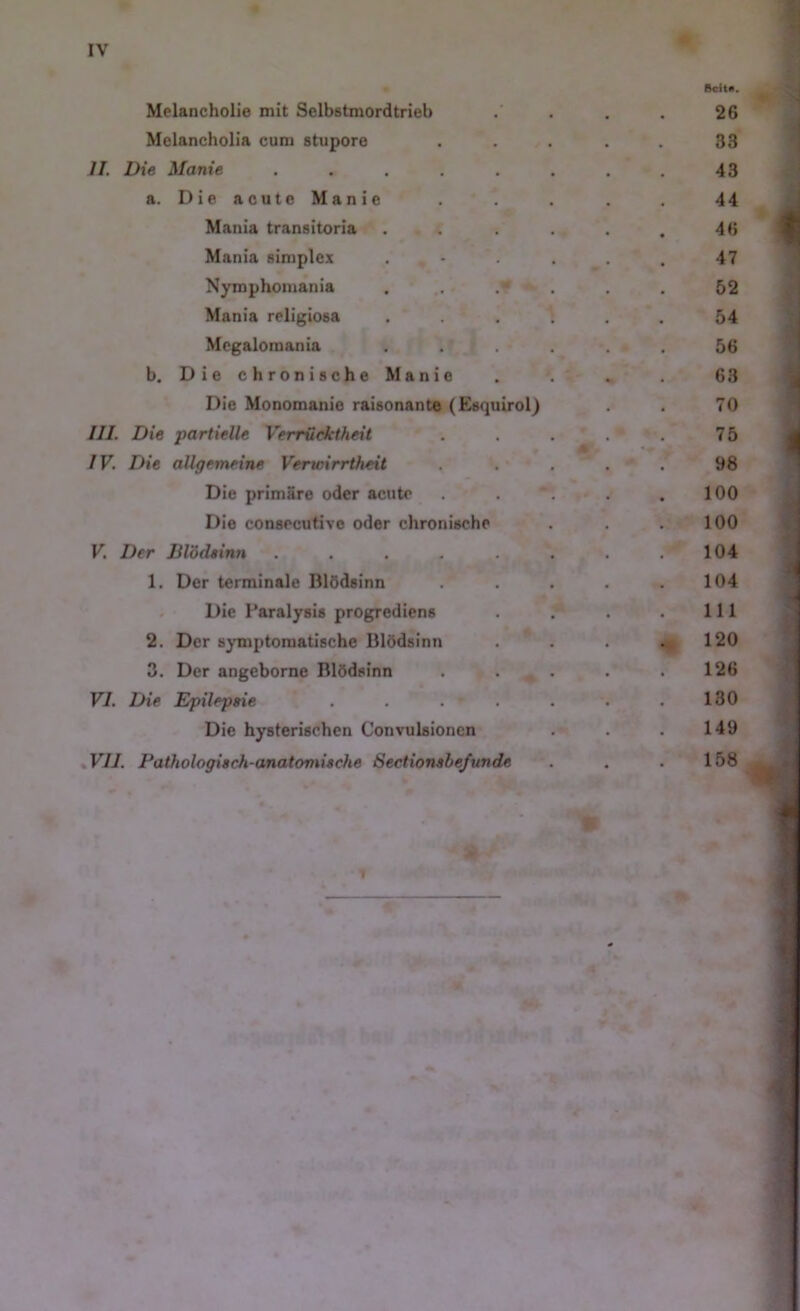 Beit«. Melancholie mit Sclbstmordtrieb 26 Melancholia cum stupore 33 II. Die Manie ...... 43 a. DieaouteManie 44 Mania transitoria .... 46 Mania simplex . • . . 47 Nymphomania 52 Mania religiosa .... 54 Mcgaloraania .... 56 b. Die chronische Manie 63 Die Monomanie raisonante (Esquirol) 70 111. Die partielle Verrücktheit 75 IV. Die allgemeine Verwirrtheit 98 Die primäre oder acuto 100 Die consecutive oder chronische 100 V. Der Blödtinn ...... 104 1. Der terminale Blödsinn 104 Die Paralysis progrediens 111 2. Der symptomatische Blödsinn 120 3. Der angeborne Blödsinn . . , . 126 VI. Die Epilepsie ..... 130 Die hysterischen Convulsionen 149 %VI1. Pathologisch-anatomische Sectionsbe/unde 158 1