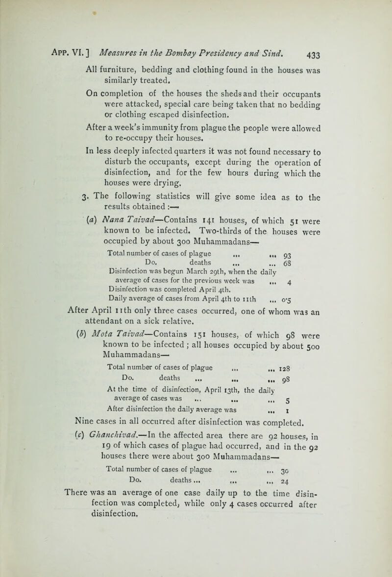 All furniture, bedding and clothing found in the houses was similarly treated. On completion of the houses the sheds and their occupants were attacked, special care being taken that no bedding or clothing escaped disinfection. After a week’s immunity from plague the people were allowed to re-occupy their houses. In less deeply infected quarters it was not found necessary to disturb the occupants, except during the operation of disinfection, and for the few hours during which the houses were drying. 3. The following statistics will give some idea as to the results obtained • (a) Nana Taivad—Contains 141 houses, of which 51 were known to be infected. Two-thirds of the houses were occupied by about 300 Muhammadans— Total number of cases of plague ,,, 93 Do. deaths ... ... 68 Disinfection was begun March 29th, when the daily average of cases for the previous week was ,,, 4 Disinfection was completed April 4th. Daily average of cases from April 4th to nth ... 0*5 After April nth only three cases occurred, one of whom was an attendant on a sick relative. {b) Mot a Taivad—Contains 151 houses, of which 98 were known to be infected ; all houses occupied by about 500 Muhammadans— Total number of cases of plague ... 128 Do. deaths ... ... 9s At the time of disinfection, April 13th, the daily average of cases was ... ... ,,, 3 After disinfection the daily average was ... 1 Nine cases in all occurred after disinfection was completed. (c) Ghanchivad.—In the affected area there are 92 houses, in 19 of which cases of plague had occurred, and in the 92 houses there were about 300 Muhammadans— Total number of cases of plague ... ... 30 Do. deaths... ... 24 There was an average of one case daily up to the time disin- fection was completed, while only 4 cases occurred after disinfection.