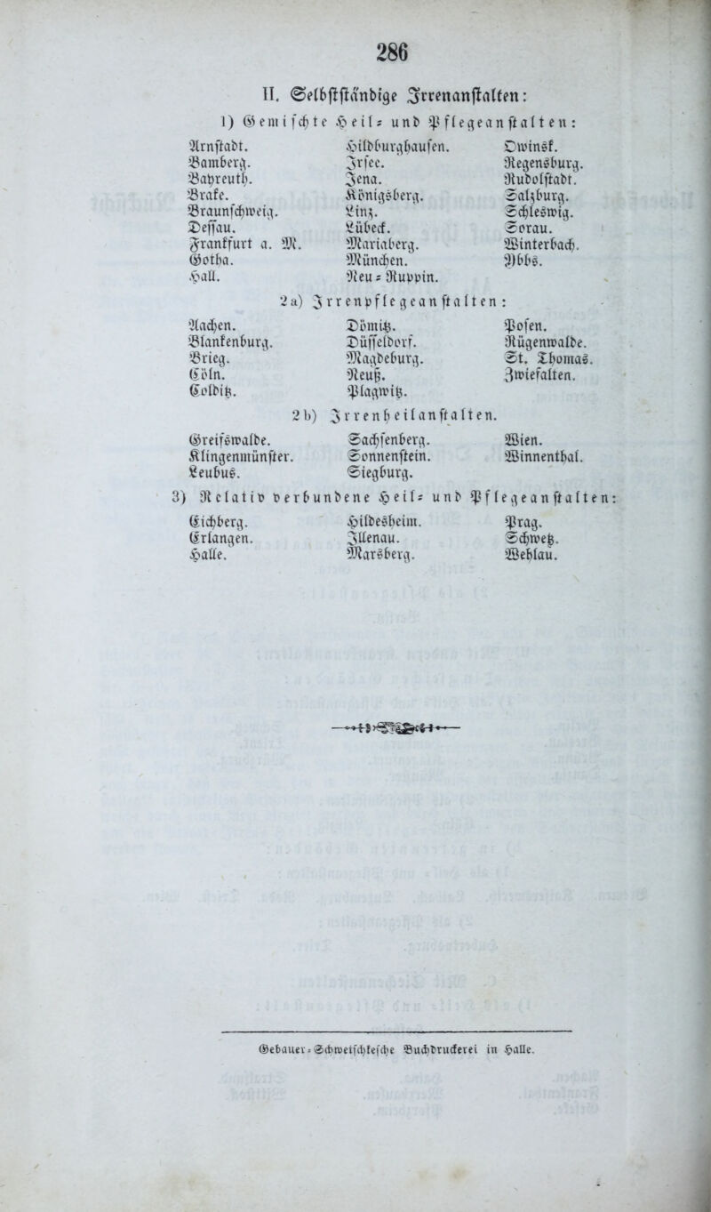 II. SetbfljMnbige Smnanftatten: 1) ®emifcf)te £>eits unb fiegean ft alt en : 'toftabt. Samberg. Satyreuti). Srafe. Sraunfd)tt>eig. £effau. ^ranf’furt a. 9ft. ®otba. £atl. £>ilbbuvgbaufen. jrfec. 3*na. Königsberg. sÜn$. £übecf. 5Kariabcrg. München/ ’Jteu? 9iuppin. Dnünsf. ülegen^burg. Olubolftabt. Salzburg. Sd)Ie»nua. Sorau. SBinterbad?. $bbe. 2a) 3':ren^fIe9c^^ft^Iten ^ 2ladjen. Slanfenburg. Srieg. (Sein. (Solbifc. Dömi#. Düffelbovf. ?Jiagbeburg. 9leu§. *}3Iagnul3. $ofen. ütügemoalbe. St. Xbomal. 3tmefalten. 2b) 3rrcn^eilanffalten. ®reifsn?aibe. Sad)fenberg. SBien. Klingenmünfter. £>onnenftein. 2öinnentbai. ßeubuS. Siegburg. 3) Dtclatir» oerbunbene .$? e i i s unb ^fiegean ft alten: (Sidjberg. ^übeebeim. *ßrng. Erlangen. Jtfenau. Sdjwejj. Jpaüe. Harsberg. 2öeblau. ®ebauev>®(t>i»etfct)fefcl,'e ©utöbrucfetd in £alle.