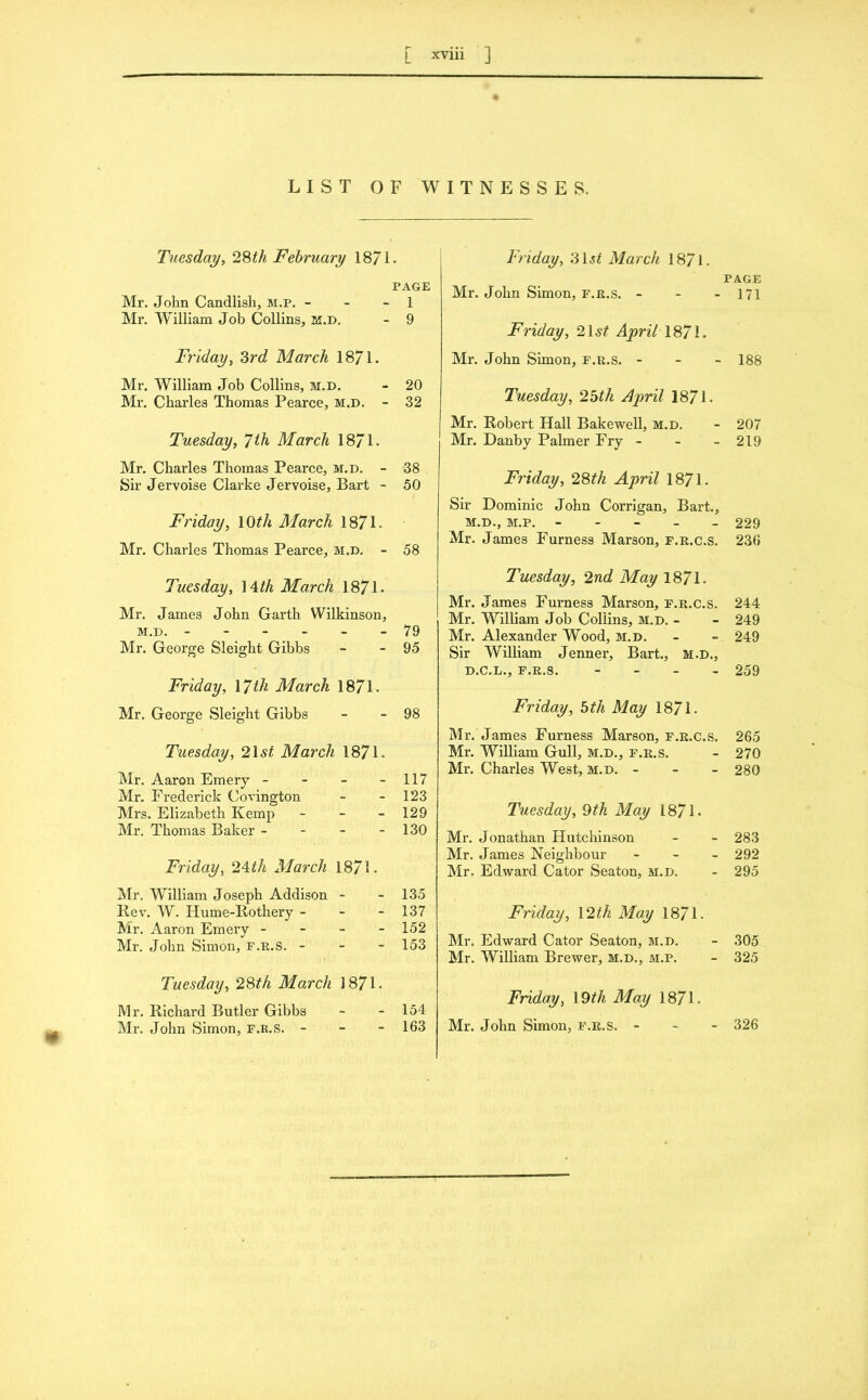 LIST OF WITNESSES. Tuesday, 28th February 1871. page Mr. John Candlish, m.p. - - 1 Mr. William Job Collins, m.d. - 9 Friday, 3rd March 1871. Mr. William Job Collins, m.d. - 20 Mr. Charles Thomas Pearce, m.d. - 32 Tuesday, 7th March 1871. Mr. Charles Thomas Pearce, m.d. - 38 Sir Jervoise Clarke Jervoise, Bart - 50 Friday, 10tli March 1871 - Mr. Charles Thomas Pearce, m.d. - 58 Tuesday, 14 th March 1871. Mr. James John Garth Wilkinson, m.d. ------ 79 Mr. George Sleight Gibbs - - 95 Friday, \7tli March 1871. Mr. George Sleight Gibbs - - 98 Tuesday, 2\st March 1871. Mr. Aaron Emery - - - - 117 Mr. Frederick Covington •- - 123 Mi’s. Elizabeth Kemp - - - 129 Mr. Thomas Baker - - - - 130 Friday, 24th March 1871. Mr. William Joseph Addison - - 135 Rev. W. Hume-Rothery - - - 137 Mr. Aaron Emery - - - - 152 Mr. John Simon, f.r.s. - - - 153 Tuesday, 28th March 1871. IVlr. Richard Butler Gibbs - - 154 Mr. John Simon, F.R.S. - - - 163 Friday, 31,5/ March 1871 - PAGE Mr. John Simon, f.r.s. - - - 171 Friday, 21 st April 1871. Mr. John Simon, f.r.s. - 188 Tuesday, 25th April 1871 • Mr. Robert Hall Bakewell, m.d. - 207 Mr. Danby Palmer Fry- - - 219 Friday, 28th April 1871. Sir Dominic John Corrigan, Bart., M.D., M.P. ----- 229 Mr. James Furness Marson, f.r.c.s. 236 Tuesday, 2nd May 1871. Mr. James Furness Marson, f.r.c.s. 244 Mr. William Job Collins, M.D. - - 249 Mr. Alexander Wood, m.d. - - 249 Sir William Jenner, Bart., M.D., D.C.L., F.R.S. - 259 Friday, 5th May 1871. Mr. James Furness Marson, f.r.c.s. 265 Mr. William Gull, m.d., f.r.s. - 270 Mr. Charles West, m.d. - - - 280 Tuesday, 9th May 1871. Mr. Jonathan Hutchinson - - 283 Mr. James Neighbour - 292 Mr. Edward Cator Seaton, m.d. - 295 Friday, 12 th May 1871. Mr. Edward Cator Seaton, m.d. - 305 Mr. William Brewer, m.d., m.p. - 325 Friday, 19th May 1871 < Mr. John Simon, f.r.s. - 326