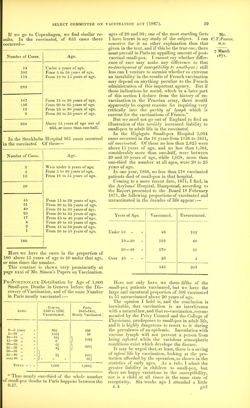 If we go to Copenhagen, we find similar re- sults. In the vaccinated, of 653 cases there occurred— Number of Cases. Age. 14 Under 0 years of age. 102 From 5 to 10 years of age. 173 From 10 to 15 years of age. 289 187 From 15 to 20 years of age. 156 From 20 to 25 years of age. 19 From 25 to 30 years of age. 2 From 30 to 35 years of age. 364 Above 15 vears of age out of 653, or more than one-half. In the Stockholm Hospital 961 cases occurred in the vaccinated. Of these— Number of Cases. Age. 3 Were under 5 years of age. 4 From 5 to 10 years of age. 13 From 10 to 15 years of age. 20 45 From 15 to 20 years of age. 51 From 20 to 25 years of age. 40 From 25 to 30 years of age. 20 From 30 to 35 years of age. 17 From 35 to 40 years of age. 4 From 40 to 45 years of age. 2 From 45 to 50 years of age. 1 From 50 to 55 years of age. 180 H ere we have the cases in the proportion of 180 above 15 years of age to 20 under that age, or nine times the number. This contrast is shown very prominently at page xxxi of Mr. Simon’s Papers on Vaccination. Proportionate Distribution by Age of 1,000 Small-pox Deaths in Geneva before the Dis- covery of Vaccination, and of the same Number in Paris mostly vaccinated :— Ages. Geneva, 1580 to 1760, Un vaccinated. Paris, 1842-1851, Mostly Vaccinated.! 0—-5 years 805 338 5—10 10—15 ’? 155f m 8 5-3 } \ J 59 15—20 20—25 77 132f 25—30 30—35 77 ] 329| 35—40 77 \ 2| 109* over 40 >7 J - 31* Tot at. - - . 1,000 1,000* “ Thus nearly one-third of the whole number of small-pox deaths in Paris happens between the 0.37. ages of 20 and 30 ; one of the most startling facts I have learnt in my study of the subject. I can conceive for it no other exjfianation than that given in the text, and if this be the true one, there must prevail in Paris an appalling amount of post- vaccinal small-pox. I cannot say whether differ- ence of race may make any difference to that re-development of susceptibility to small-pox ; still less can I venture to surmise whether so extreme an instability in the results of French vaccination may depend on anything peculiar to the French administration of this important agency. But if those indications be sound, which in a later part of this section I deduce from the history of re- vaccination in the Prussian army, there would apparently be cogent reasons for inquiring very critically into the quality of lymph which is current for the vaccinations of France.” But we need not go out of England to find an illustration of this terribly increased liability to small-pox in adult life in the vaccinated. In the Highgate Small-pox Hospital 3,094 cases occurred in the 16 years from 1836 to 1851, all vaccinated. Of these no less than 2,825 were above 15 years of age, and no less than 1,584, considerably more than one-half, were between 20 and 30 years of age, while 1,058, more than one-third the number at all ages, were 20 to 25 years of age. In one year, 1866, no less than 118 vaccinated patients died of small-pox in that hospital. Coming to a more recent date, 1871, I find, in the Asylums’ Hospital, Hampstead, according to the Report presented to the Board 18 February 1871, the following proportions of vaccinated and unvaccinated in the decades of life appear: — Years of Age. Vaccinated, Unvaccinated. Under 10 - 46 102 10—20 193 46 20—40 270 51 Over 40 - 36 4 545 203 Here not only have we three fifths of the small-pox patients vaccinated, but we have the large and unnatural proportion of 306 vaccinated to 55 unvaccinated above 20 years of age. The opinion I hold is, and the conclusion is inevitable, that vaccination is an interference with a natural law, and that re-vaccination, recom- mended by the Privy Council and the College of Physicians, predisposes to small-pox in adult life, and it is highly dangerous to resort to it during the prevalence of an epidemic. Inoculation with vaccine lymph will not prevent a person from being infected while the variolous atmospheric conditions exist which develope the disease. It may be urged that, at least, there is a saving of infant life by vaccination, looking at the pro- tection afforded by the operation, as shown in the statistics of early ages. As a rule, I admit the greater liability in children to small-pox, but there are happy variations in the susceptibility, nor is a child at all times in the same state of receptivity. Six weeks ago I attended a little e 4 girl Mr. C. T.Pearce, M.D. 7 March 1871.