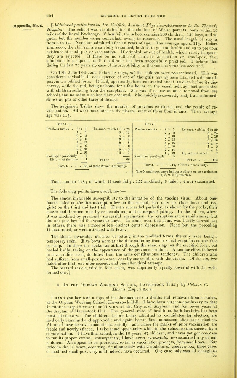 Appendix, No. 6. [Additional particulars by Dr. Griffith, Assistant Physician-Accoucheur to St. Thomas's Hospital. The school was insiituted for the children of Welsh parents, born within 10 miles of the Royal Exchange. When full, the school contains 200 children; 130 boys, and 70 girls; but the number varies somewhat, owing to removals. The usual length of stay is from 8 to 14. None are admitted after 10 years of age. The average ace is 11Before admission, the children are carefully examined, both as to general health and as to previous existence of small-pox or vaccination. If crippled, or out of health, which rarely happens, they are rejected. If there be no sufficient mark of vaccination or small-pox, then admission is postponed until the former has been successfully practised. I believe that during the last 25 years no case of insusceptibility to the vaccine virus lias occurred. On 19th June 1849, and following days, all the children were re-vaccinated. This was considered advisable, in consequence of one of the girls having been attacked with small- pox, in a modified form. It had, apparently, been contracted about 10 days before its dis- covery, while the girl, being at home for a few hours on the usual holiday, had associated with children suffering from the complaint. She was of course at once removed from the school; and no other case has since occurred. She quickly recovered ; and, I am informed, shows no pits or other trace of disease. The subjoined Tables show the number of previous cicatrices, and the result of re- vaccination. All were inoculated in six places; most of them from infants. Their average age was ll§. Girls :— Previous marks - 8 in 1 Re-vacc. vesicles 6 in 23 Boys : Previous marks - 8 in 1 Ro-vacc. vesicles 6 in 39 7 „ 1 5 „ 13 7 „ 3 5 „ 24 6 „ 5 4 „ 9 6 „ 13 4 „ 16 5 „ 6 3 ,, 4 5 „ 13 3 „ 13 4 „ 12 2 „ 8 4 „ 16 2 „ 4 3 „ 9 1 „ 6 3 „ 18 1 „ 5 2 „ 20 0 „ 2 2 „ 24 0 „ 4 1 „ 10 HI 1 1 „ 19 111, and not vaccd. 2 Small-pox previously „ 1 — Small-pox previously 5 — Ditto - at the time 1 Total - - - 66 Total - - - 112 Total - - - 66, of these 2 took thoroughly. Total - - - 112, of these 9 took fully. Total number 178; of which 11 took fully The 5 small-pox cases had respectively on re-vaccination 4, 3, 2, 2, 0, vesicles. ; 157 modified ; 6 failed ; 4 not vaccinated. The following points have struck me :-r- The almost invariable susceptibility to the irritation of the vaccine virus. About one- fourth failed on the first attempt, a few on the second, but only six (four boys and two girls) on the third and last trial. Eleven succeeded perfectly, as shown by the pocks, their stages and duration, also by re-inoculation, and subsequent pitting. In the others, where it was modified by previously successful vaccination, the erruption ran a rapid course, but did not pass beyond the vesicular stage. In some, even this point was hardly arrived at; in others, there was a more or less distinct central depression. None but the preceding 11 maturated, or were attended with fever. The almost invariable absence of pitting in the modified forms, the only trace being a temporary stain. Five boys were at the time suffering from eczemal eruptions on the face or scalp. In these the pocks ran at first through the same stage as the modified form, but healed badly, taking on the appearance of the previous eruption. A similar effect followed in seven other cases, doubtless from the same constitutional tendency. The children who had suffered from small-pox appeared equally susceptible with the others. Of the six, two failed after first, one after second, and one after third attempt. The bastard vesicle, tried in four cases, was apparently equally powerful with the well- formed one.] 4. In the Orphan Working School, Haverstock Hill; by Hetman C. Harris, Esq., F.R.C.s. I hand you herewith a copy of the statement of our deaths and removals from sickness, at the Orphan Working School, Haverstock Hill. I have been surgeon-apothecary to that Institution ovar 18 years; for 11 years at the City-road Asylum; and lor seven years at the Asylum at Haverstock Hill. The general state of health at both localities has been most satisfactory. The children, before being admitted as candidates for election, are medically examined and approved : and again before final admission after their election. All must have been vaccinated successfully ; and where the marks of prior vaccination are feeble and nearly effaced, I take some opportunity while in the school to test success by a re-vaccination. I have thus tested, in the 18 years, 47 children, and never yet got one case to run its proper course; consequently, I have never successfully re-vaccinated any of our children. All appear to be protected, so far as vaccination protects, from small-pox. But twice in the 18 years, occurring simultaneously with visitations of chicken-pox, three cases of modified small-pox, very mild indeed, have occurred. One case only was ill enough to