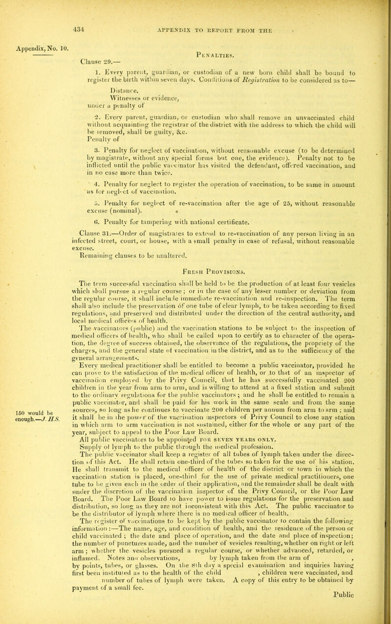 Appendix, No. \ 150 would be enough.—J. H.S. 10. Clause 29.— Penalties. 1. Every parent, guardian, or custodian of a new born child shall be bound to register the birth within seven days. Conditions of’ Registration to be considered as to— D istance. Witnesses or evidence, under a penalty of Every parent, guardian, or custodian who shall remove an unvaccinated child without acquainting the registrar of the district with the address to which the child will be removed, shall be guilty, &c. Penalty of 3. Penalty for neglect of vaccination, without reasonable excuse (to be determined by magistrate, without any special forms but one, the evidence). Penalty not to be inflicted until the public vaccinator has visited the defendant, offered vaccination, and in no case more than twice. ' 4. Penalty for neglect to register the operation of vaccination, to be same in amount as lor neglect of vaccination. 5. Penalty for neglect of re-vaccination after the age of 25, without reasonable excuse (nominal). • G. Penalty for tampering with national certificate. Clause 31.—Order of magistrates to extend to re-vaccination of any person living in an infected street, court, or house, with a small penalty in case of refusal, without reasonable excuse. Remaining clauses to be unaltered. Fresh Provisions. The term successful vaccination shall be held to be the production of at least four vesicles whicli shall pursue a regular course; or in the case of any lesser number or deviation from the regular course, it shall include immediate re-vaccination and re-inspection. The term shall also include the preservation of one tube of clear lymph, to be taken according to fixed regulations, and preserved and distributed under the direction of the central authority, and local medical officers of health. The vaccinators (public) and the vaccination stations to be subject to the inspection of medical officers of health, who shall be called upon to certify as to character of the opera- tion, the degree of success obtained, the observance of the regulations, the propriety of the charges, and the general state of vaccination in the district, and as to the sufficiency of the general arrangements. Every medical practitioner shall be entitled to become a public vaccinator, provided he can prove to the satisfaction of the medical officer of health, or to that of an inspector of vaccination employed by the Privy Council, that he has successfully vaccinated 200 children in the year from arm to arm, and is willing to attend at a fixed station and submit to the ordinary regulations for the public vaccinators ; and he shall be entitled to remain a public vaccinator, and shall be paid for his work in the same scale and from the same sources, so long as he continues to vaccinate 200 children per annum from arm to arm ; and it shall be in ihe power of the vaccination inspectors of Privy Council to close any station in which arm fo arm vaccination is not sustained, either for the whole or any part of the year, subject to appeal to the Poor Law Board. All public vaccinators to be appointed for seven years only. Supply of lymph to the public through the medical profession. The public vaccinator shall keep a register of all tubes of lymph taken under the direc- tion of this Act. He shall retain one-third of the tubes so taken for the use of his station. He shall transmit to the medical officer of health of the district or town in which the vaccination station is placed, one-third for the use of private medical practitioners, one tube to lie given each in'the order of their application, and the remainder shall be dealt with under the discretion of the vaccination inspector of the Privy Council, or the Poor Law Board. The Poor Law Board to have power to issue regulations for the preservation and distribution, so long as they are not inconsistent with this Act. The public vaccinator to be the distributor of lymph where there is no medical officer of health. The register of vaccinations to be kept by the public vaccinator to contain the following information :—The name, age, and condition of health, and the residence of the person or child vaccinated ; the date and place of operation, and the date and place of inspection; the number of punctures made, and the number of vesicles resulting, whether on right or left arm ; whether the vesicles pursued a regular course, or whether advanced, retarded, or inflamed. Notes ami observations, by lymph taken from the arm of , by points, tubes, or glasses. On the 8ih day a special examination and inquiries having first been instituted as to the health of the child , children were vaccinated, and number of tubes of lymph were taken. A copy of this entry to be obtained by payment, of a small fee. Public