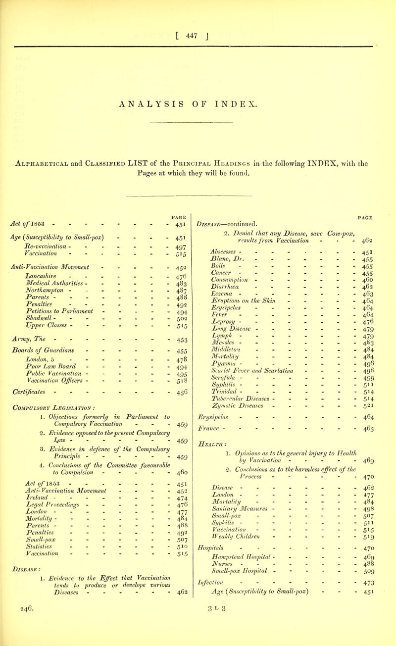 ANALYSIS OF INDEX. Alphabetical and Classified LIST of the Principal Headings in the following INDFiX, with the Pages at which they will be found. Act of 1853 - - - - - - - PAGE - 451 Aye (Susceptibility to Small-pox) - - - * 451 Re-vaccination - - - - - 497 Vaccination ... - - - - 515 Anti-Vaccination Movement - _ - - 452 Lancashire - - . _ - 476 Aledical Authorities - - - - - 483 Northampton .... - - - - 487 Parents - - - - - 488 Penalties - - - - - 492 Petitions to Parliament - - - - 494 Shadwell - - - - - 502 Upper Classes - - - - - - - 515 Army, The - - 453 Boards of Guardians - - - * 455 London, 5 - - - 478 Poor Lam Board - - - * 494 Public Vaccination • - - - - 495 Vaccination Officers - - - - - 518 Certificates - - - - * 456 Compulsory Legislation : 1. Objections formerly in Parliament to Compulsory Vaccination - - - 459 2. Evidence opposed to the present Compulsory Law 459 3. Evidence in defence of the Compulsory Principle - - - - - -459 4. Conclusions of the Committee favourable to Compulsion - 460 Actqf\&F>3 ------- 451 Anti- Vaccination Movement - - - - 452 Ireland ------- - 4,74 Leyal Proceedings ------ 476 London - -- -- -- - 477 Mortality ------- - 484 Parents ------- - 488 Penalties ------ 492 Small-pox ------- 507 Statistics - - - - - - 51 o V accination - - - - - - - 5*5 Disease : 1. Evidence to the Effect that Vaccination tends to produce or develope various Diseases ------ 462 PAGE Disease—continued. 2. Denial that any Disease, save Cow-pox, results from Vaccination - - - 462 Abscesses - - - - ■ - - -451 Blanc, Dr. - - - - - - - 455 Boils -------- 455 Cancer - -- -- -- - 455 Consumption ------- 460 Diarrhoea - - - - - - -462 Eczema ------- - 4G3 Eruptions on the Skin ----- 464 Erysipelas ------- 464 Fever ------- 4G4 Leprosy ------- - 476 Lung Disease ------- 479 Lymph 479 Measles - - - - - - - -483 Middleton ------- 484 Mortality ------- 484 Pycemia -------- 496 Scarlet Fever and Scarlatina - - - - 498 Scrofula ------- - 499 Syphilis - - - - - - - - 511 Trinidad - - - - - - - - 514 Tubercular Diseases - - - - - 514 Zymotic Diseases - - - - - -521 Erysipelas - -- -- -- - 464 France --------- 465 Health : 1. Opinions as to the general injury to Health by Vaccination ----- 469 2. Conclusions as to the harmless effect of the Process - - 470 Disease - -- -- -- - 462 London ------- - 477 Mortality ------- 484 Sanitary Measures - - - - - - 498 Small-pox ------- 307 Syphilis - - - - - - - -311 Vaccination - - - - - - - 515 Weakly Children - - - - - -519 Hospitals - ------- 470 Hampstead Hospital ------ 469 Nurses - -- -- -- - 488 Small-pox Hospital ------ 309 Infection - - - - - - - *473 Age (Susceptibility to Small-pox) - - - 451