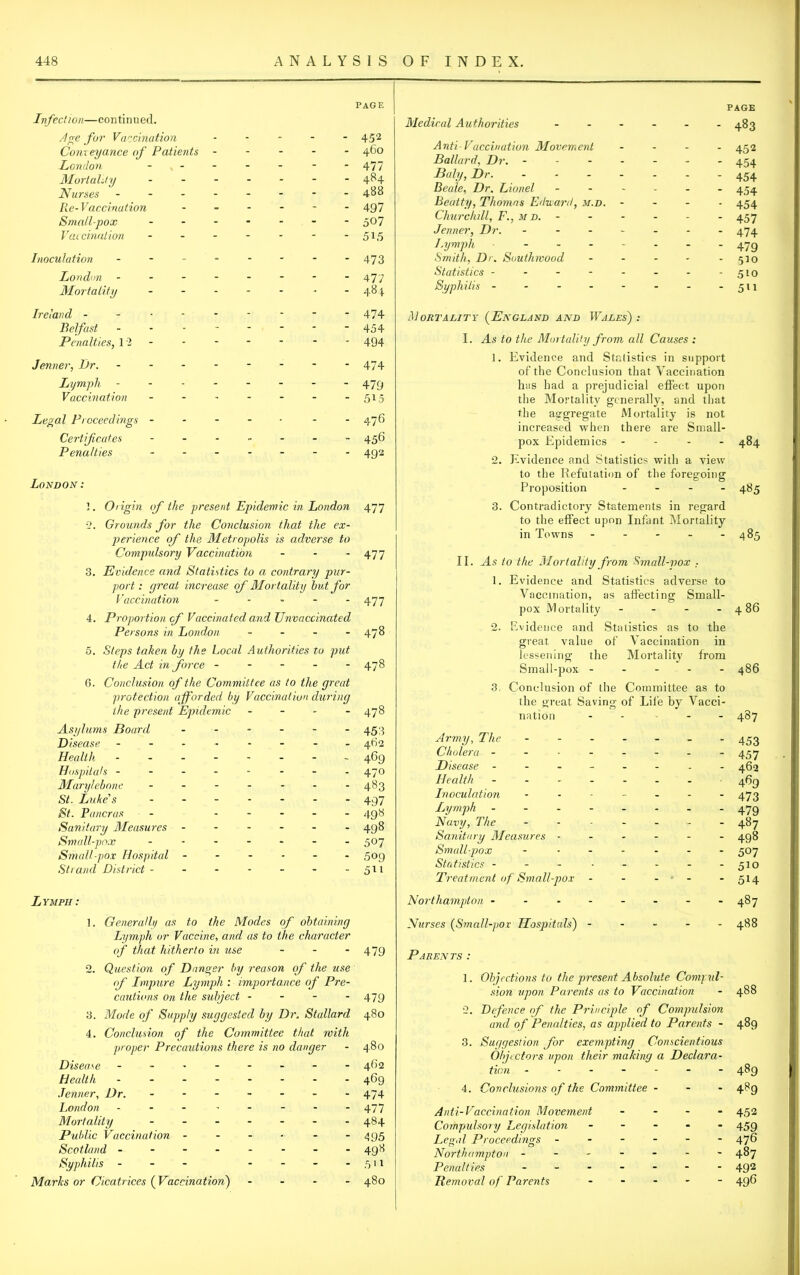 PAGE Infection—continued. Age for Vaccination ..... 452 Conveyance of Patients ----- 460 London - - - - - * - 477 Mortality ------- 484 Nurses - -- -- -- - 488 Re-Vaccination ------ 497 Small-pox ------- 507 Vaccination - - - - - - - 5X5 Inoculation - -- -- -- - 473 London - -- -- -- - 477 Mortality - - - - - • - 484 Ireland --------- 474 Belfast -------- 454 Penalties, 12 - - - - - - - 494 Jenner, Dr. - - - - - - - -474 Lymph -------- 47c) Vaccination - - - - - - - 515 Legal Proceedings ----- - - 476 Certificates ------- 456 Penalties ------- 492 London: 1. Origin of the present Epidemic in London 477 2. Grounds for the Conclusion that the ex- perience of the Metropolis is adverse to Compulsory Vaccination - - - 477 3. Evidence and Statistics to a contrary pur- port : yreat increase of Mortality hut for Vaccination - - - - - 477 4. Proportion cf Vaccinated and Unvaccinated Persons in London - 478 5. Steps taken by the Local Authorities to put the Act in force - - - - - 478 6. Conclusion of the Committee as to the great protection afforded by Vaccination during the present Epidemic - 478 Asylums Board - - - - - - 453 Disease -------- 4ti2 Health 469 Hospitals ------- - 470 Alarylebone ------- 483 St. Luke's ------- 497 St. Pancras - ----- 498 Sanitary Measures ------ 498 Small-pox ------- 307 Small-pox Hospital ------ 509 Strand District - - - - - - - 511 Lymph : 1. Generally as to the Modes of obtaining Lymph or Vaccine, and as to the character of that hitherto in use - - - 479 2. Question of Danger by reason of the use of Impure Lymph : importance of Pre- cautions on the subject - - - - 479 3. Mode of Supply suggested by Dr. Stallard 480 4. Conclusion of the Committee that with proper Precautions there is no danger - 4.80 Disease - -- -- -- - 462 Health - -- -- -- - 469 .Tenner, Dr. ------- 474 London -------- 477 Mortality ------- 484 Public Vaccination ------ 495 Scotland ------- - 498 Syphilis - - - - - - -511 Marks or Cicatrices (Vaccination) - - - - 480 PAGE Medical Authorities - - - - - -483 Anti-Vaccination Movement - 452 Ballard, Dr. ------- 454 Baly, Dr. 454 Becde, Dr. Lionel ------ 434 Beatty, Thomas Eduard, m.d. - - - - 454 Churchill, F.,md. - 457 Jenner, Dr. ------- 474 Lymph • - 479 Smith, Dr. Sauthwood - - - - - 510 Statistics - - - - - - - -510 Syphilis - - - - - - - - 511 Mortality (England and Wales) : I. As to the Mortality from all Causes : 1. Evidence and Statistics in support of the Conclusion that Vaccination hiis had a prejudicial effect upon the Mortality generally, and that the aggregate Mortality is not increased when there are Small- pox Epidemics - 484 2. Evidence and Statistics with a view to the Refutation of the foregoing Proposition - 485 3. Contradictory Statements in regard to the effect upon Infant Mortality in Towns - - - - - 485 II. As to the Mortality from Small-vox .. 1. Evidence and Statistics adverse to Vaccination, as affecting Small- pox Mortality - - - - 4 86 2. Evidence and Statistics as to the great value of Vaccination in lessening the Mortality from Small-pox ----- 486 3. Conclusion of the Committee as to the great Saving of Life by Vacci- nation . - 487 Army, The ------- 433 Cholera -------- 437 Disease ------- - 462 Health ------- 469 Inoculation ------- 473 Lymph -------- 479 Navy, The ------- 487 Sanitary Measures ------ 498 Small-pox - ------ 307 Statistics - - - - - - - - 510 Treatment of Small-pox - - - - - - 514 Northampton - - - - - - - -487 Nurses (Small-pox Hospitals) ----- 488 Parents : 1. Objections to the present Absolute Compul- sion upon Parents as to Vaccination - 488 2. Defence of the Principle of Compulsion and of Penalties, as applied to Parents - 489 3. Suggestion for exempting Conscientious Objectors upon their making a Declara- tion ------- 489 4. Conclusions of the Committee - - - 489 Anti-Vaccination Movement - 4,52 Compulsory Legislation ----- 439 Legal Proceedings ------ 476 Northampton ------- 487 Penalties ------- 492 Removal of Parents ----- 496