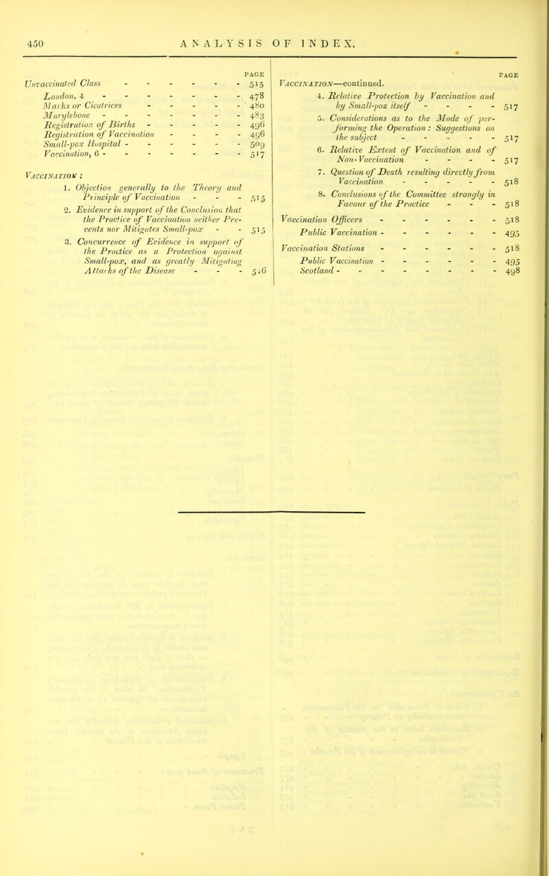 Unvaccinatecl Class London, 4 Marks or Cicatrices Marylebone - Registration of Births Registration of Vaccination Small-pox Hospital - Vaccination, 6 - Vaccination ; 1. Objection generally to the Theory and Principle of Vaccination - - - 2. Evidence in support of the Conclusion that the Practice of Vaccination neither Pre- vents nor Mitigates Small-pox - - 515 3. Concurrence of Evidence in support of the Practice as a Protection against Small-pox, and as greatly Mitigating Attacks of the Disease - - - 516 PAGE - 515 - 478 - 480 - 483 - 496 - 496 - 509 - 5*7 Vaccina tion—continued. PAGE 4. Relative Protection by Vaccination and by Small-pox itself - - - - 517 5. Considerations as to the Mode of per- forming the Operation: Suggestions on the subject - - - - -517 6. Relative Extent of Vaccination and of Non-Vaccination - - - - 517 7. Question of Death resulting directly from Vaccination - - - - - 518 8. Conclusions of the Committee strongly in Favour of the Practice - - - 518 Vaccination Officers - - - - - - 518 Public Vaccination - - - - - - 495 Vaccination Stations - - - - - - 518 Public Vaccination ------ 495 Scotland -------- 498