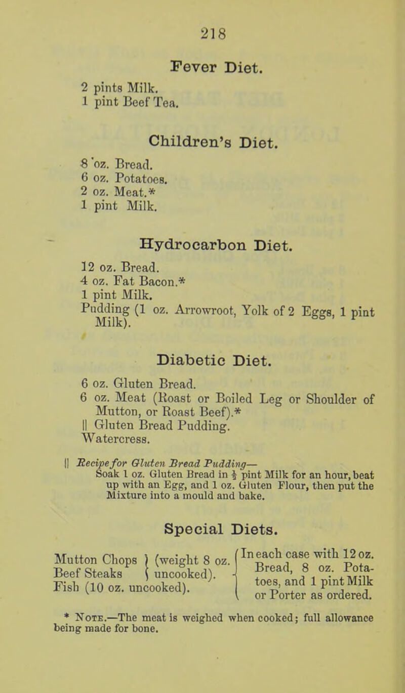 Fever Diet. 2 pints Milk. 1 pint Beef Tea. Children’s Diet. 8 ’oz. Bread. 6 oz. Potatoes. 2 oz. Meat.* 1 pint Milk. Hydrocarbon Diet. 12 oz. Bread. 4 oz. Fat Bacon.* 1 pint Milk. Pudding (1 oz. Arrowroot, Yolk of 2 Eggs, 1 pint Diabetic Diet. 6 oz. Gluten Bread. 6 oz. Meat (Roast or Boiled Leg or Shoulder of Mutton, or Roast Beef).* II Gluten Bread Pudding. Watercress. || Recipe for Gluten Sread Pudding— Soak l oz. Gluten Bread in ^ pint Milk for an hour, beat up with an Egg, and 1 oz. Gluten Flour, then put the Mixture into a mould and bake. Special Diets. Mutton Chops ) (weight 8 oz. Beef Steaks ( uncooked). Fish (10 oz. uncooked). In each case with 12 oz. Bread, 8 oz. Pota- toes, and 1 pint Milk or Porter as ordered. * Note.—The mentis weighed when cooked; full allowance being made for bone.