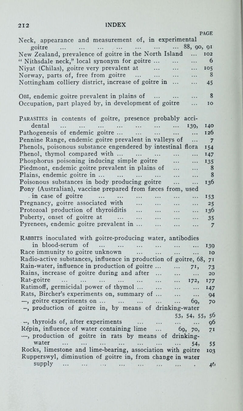 PAGE Neck, appearance and measurement of, in experimental goitre 88, go, gi New Zealand, prevalence of goitre in the North Island ... 102 “ Nithsdale neck,” local synonym for goitre 6 Niyat (Chilas), goitre very prevalent at 105 Norway, parts of, free from goitre 8 Nottingham colliery district, increase of goitre in 45 Obi, endemic goitre prevalent in plains of 8 Occupation, part played by, in development of goitre ... 10 Parasites in contents of goitre, presence probably acci- dental 13Q5 140 Pathogenesis of endemic goitre 126 Pennine Range, endemic goitre prevalent in valleys of ... 7 Phenols, poisonous substance engendered by intestinal flora 154 Phenol, thymol compared with ... ... ... ... ... 147 Phosphorus poisoning inducing simple goitre 135 Piedmont, endemic goitre prevalent in plains of 8 Plains, endemic goitre in 8 Poisonous substances in body producing goitre 136 Pony (Australian), vaccine prepared from faeces from, used . in case of goitre 153 Pregnancy, goitre associated with ... ... ... ... 25 Protozoal production of thyroiditis ... ... ... ... 136 Puberty, onset of goitre at 35 Pyrenees, endemic goitre prevalent in ... ... ... ... 7 Rabbits inoculated with goitre-producing water, antibodies in blood-serum of 139 Race immunity to goitre unknown ... ... ... ... 10 Radio-active substances, influence in production of goitre, 68, 71 Rain-water, influence in production of goitre 71, 73 Rains, increase of goitre during and after 20 Rat-goitre 172, 177 Ratimoff, germicidal power of thymol 147 Rats, Bircher’s experiments on, summary of 94 —, goitre experiments on 69, 70 —, production of goitre in, by means of drinking-water 53, 54, 55, 56 —, thyroids of, after experiments 96 Repin, influence of water containing lime ... 69, 70, 71 —, production of goitre in rats by means of drinking- water 54, 55 Rocks, limestone and lime-bearing, association with goitre 103 Rupperswyl, diminution of goitre in, from change in water supply 46