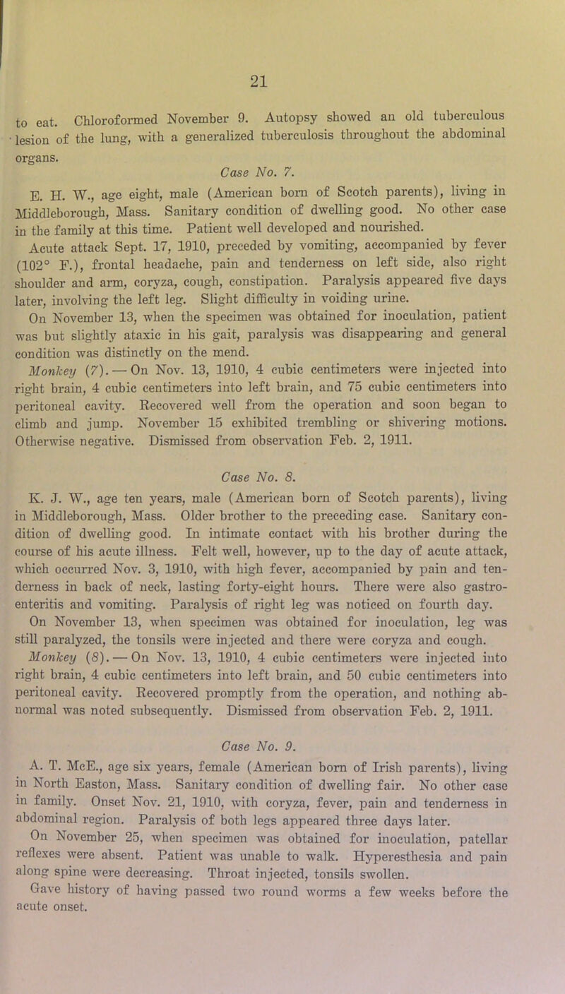 to eat. Chloroformed November 9. Autopsy showed au old tuberculous • lesion of the lung, with a generalized tuberculosis throughout the abdominal organs. Case No. 7. E. H. W., age eight, male (American born of Scotch parents), living in Middleborough, Mass. Sanitary condition of dwelling good. No other case in the family at this time. Patient well developed and nourished. Acute attack Sept. 17, 1910, preceded by vomiting, accompanied by fever (102° F.), frontal headache, pain and tenderness on left side, also right shoulder and arm, coryza, cough, constipation. Paralysis appeared five days later, involving the left leg. Slight difficulty in voiding urine. On November 13, when the specimen was obtained for inoculation, patient was but slightly ataxic in his gait, paralysis was disappearing and general condition was distinctly on the mend. Monkerj (7). — On Nov. 13, 1910, 4 cubic centimeters were injected into right brain, 4 cubic centimeters into left brain, and 75 cubic centimeters into peritoneal cavity. Recovered well from the operation and soon began to climb and jump. November 15 exhibited trembling or shivering motions. Otherwise negative. Dismissed from observation Feb. 2, 1911. Case No. 8. K. J. W., age ten years, male (American born of Scotch parents), living in Middleborough, Mass. Older brother to the preceding case. Sanitary con- dition of dwelling good. In intimate contact with his brother during the course of his acute illness. Felt well, however, up to the day of acute attack, which occurred Nov. 3, 1910, with high fever, accompanied by pain and ten- derness in back of neck, lasting forty-eight hours. There were also gastro- enteritis and vomiting. Paralysis of right leg was noticed on fourth day. On November 13, when specimen was obtained for inoculation, leg was still paralyzed, the tonsils were injected and there were coryza and cough. Monkey (S). — On Nov. 13, 1910, 4 cubic centimeters were injected into right brain, 4 cubic centimeters into left brain, and 50 cubic centimeters into peritoneal cavity. Recovered promptly from the operation, and nothing ab- normal was noted subsequently. Dismissed from observation Feb. 2, 1911. Case No. 9. A. T. McE., age six years, female (American bom of Irish parents), living in North Easton, Mass. Sanitary condition of dwelling fair. No other case in family. Onset Nov. 21, 1910, with coryza, fever, pain and tenderness in abdominal region. Paralysis of both legs appeared three days later. On November 25, when specimen was obtained for inoculation, patellar reflexes were absent. Patient was unable to walk. Hyperesthesia and pain along spine were decreasing. Throat injected, tonsils swollen. Gave history of having passed two round worms a few weeks before the acute onset.