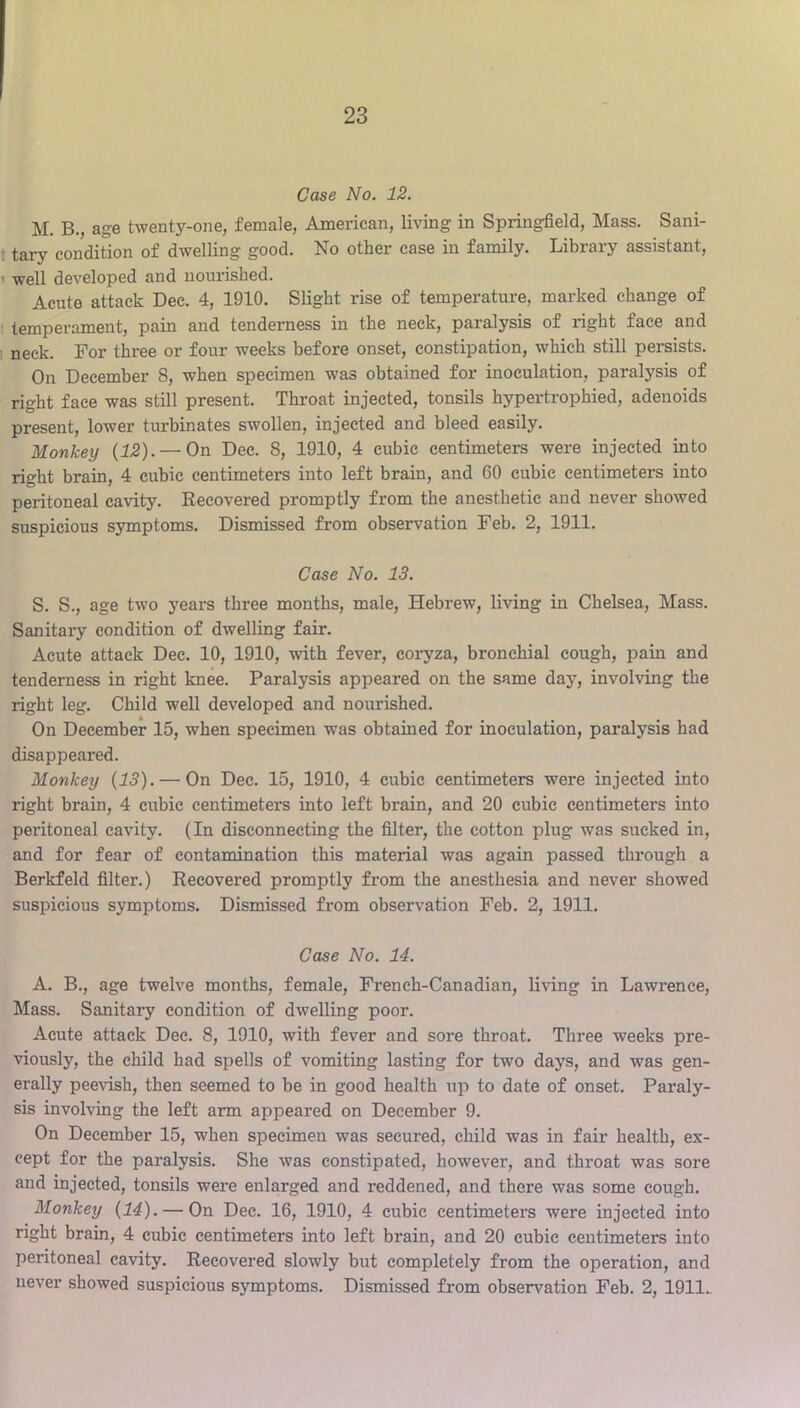 M. B., age twenty-one, female, American, living in Springfield, Mass. Sani- t tary condition of dwelling good. No other case in family. Library assistant, 1 well developed and nourished. Acute attack Dee. 4, 1910. Slight rise of temperature, marked change of I temperament, pain and tenderness in the neck, paralysis of right face and I neck. For three or four weeks before onset, constipation, which still persists. On December 8, when specimen was obtained for inoculation, paralysis of right face was still present. Throat injected, tonsils hypertrophied, adenoids present, lower tirrbinates swollen, injected and bleed easily. Monkey {12). — On Dec. 8, 1910, 4 cubic centimeters were injected into right brain, 4 cubic centimeters into left brain, and 60 cubic centimeters into peritoneal cavity. Recovered promptly from the anesthetic and never showed suspicious symptoms. Dismissed from observation Feb. 2, 1911. Case No. 13. S. S., age two years three months, male, Hebrew, living in Chelsea, Mass. Sanitary condition of dwelling fair. Acute attack Dec. 10, 1910, with fever, coi-yza, bronchial cough, pain and tenderness in right knee. Paralysis appeared on the same day, involving the right leg. Child well developed and nourished. On December 15, when specimen was obtained for inoculation, paralysis had disappeared. Monkey {13). — On Dec. 15, 1910, 4 cubic centimeters were injected into right brain, 4 cubic centimeters into left brain, and 20 cubic centimeters into peritoneal cavity. (In disconnecting the filter, the cotton plug was sucked in, and for fear of contamination this material was again passed through a Berkfeld filter.) Recovered promptly from the anesthesia and never showed suspicious symptoms. Dismissed from observation Feb. 2, 1911. Case No. 14. A. B., age twelve months, female, Freneh-Canadian, living in Lawrence, Mass. Sanitary condition of dwelling poor. Acute attack Dec. 8, 1910, with fever and sore throat. Three weeks pre- viously, the child had spells of vomiting lasting for two days, and was gen- erally peevish, then seemed to be in good health up to date of onset. Paraly- sis involving the left arm appeared on December 9. On December 15, when specimen was secured, child was in fair health, ex- cept for the paralysis. She was constipated, however, and throat was sore and injected, tonsils were enlarged and reddened, and there was some cough. Monkey {14). — On Dec. 16, 1910, 4 cubic centimeters were injected into right brain, 4 cubic centimeters into left brain, and 20 cubic centimeters into peritoneal cavity. Recovered slowly but completely from the operation, and never showed suspicious symptoms. Dismissed from observation Feb. 2, 1911.