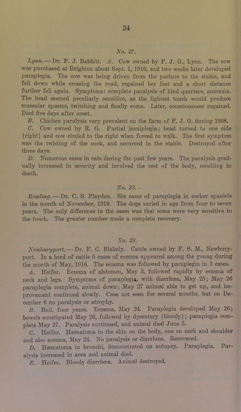 No. 27. Lynn. — Dr. F. J. Babbitt. A. Cow owned by F. J. G., Lynn. The cow was purchased at Brighton about Sept. 1, 1910, and two weeks later developed paraplegia. The cow was being driven from the j:)asture to the stable, and fell down while crossing the road, regained her feet and a short distance further fell again. Symptoms: complete paralysis of hind quarters, anorexia. The head seemed peculiarly sensitive, as the lightest touch would produce muscular spasms, twitching and finally coma. Later, consciousness regained. Died five days after onset. B. Chicken paralysis very prevalent on the farm of F. J. G. during 1908. C. Cow owned by R. G. Partial hemiplegia; head turned to one side (right) and cow circled to the right when forced to walk. The first symptom was the twisting of the neck, and occurred in the stable. Destroyed after three days. D. Numerous cases in cats during the past few years. The paralysis gi-ad- ually increased in severity and involved the rest of the body, resulting in death. No. 28. ■ Beading. — Dr. C. S. Playdon. Six cases of paraplegia in cocker spaniels in the month of November, 1910. The dogs varied in age from four to seven years. The only difference in the cases was that some were very sensitive to the touch. The greater number made a complete recovery. No. 29. Newhuryport. — Dr. F. C. Blakely. Cattle owned by F. S. M., Newbury- port. In a herd of cattle 5 cases of eczema appeared among the young during the month of May, 1910. The eczema was followed by paraplegia in 3 cases. A. Heifer. Eczema of abdomen. May 3, followed rapidly by eczema of neck and legs. Symptoms of paraplegia, with diarrhoea. May 25; May 26 paraplegia complete, animal down; May 27 animal able to get up, and im- provement continued slowly. Case not seen for several months, but on De- cember 6 no paralysis or atrophy. B. Bull, four years. Eczema, May 24. Paraplegia developed May 26; bowels constipated May 26, followed by dysentery (bloody); paraplegia com- plete May 27. Paralysis continued, and animal died June 5. C. Heifer. Hmmatoma in the skin on the body, one on neck and shoulder and also eczema. May 24. No paralysis or diarrhoea. Recovered. D. Haematoma in bronchi, demonstrated on autopsy. Paraplegia. Par- alysis increased in area and animal died. E. Heifer. Bloody diarrhoea. Animal destroyed.