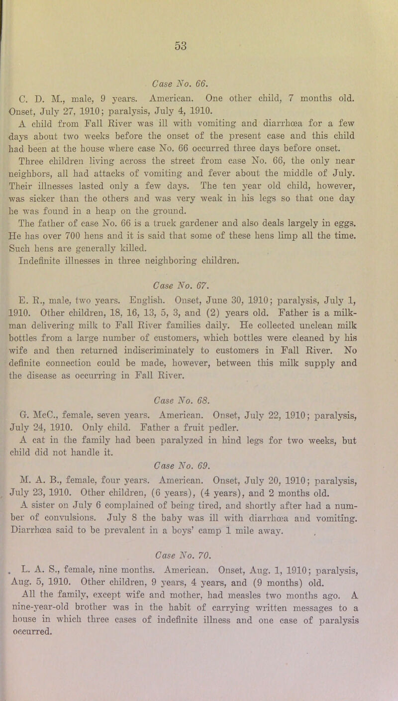 Case No. 66. C. D. M., male, 9 j'ears. American. One other child, 7 months old. Onset, July 27, 1910; paralysis, July 4, 1910. A child from Fall River was ill with vomiting and diarrhoea for a few days about two weeks before the onset of the present case and this child had been at the house where case No. 66 occurred three days before onset. Three children living across the street from ease No. 66, the only near neighbors, all had attacks of vomiting and fever about the middle of July. Their illnesses lasted only a few days. The ten year old child, however, was sicker than the others and was very weak in his legs so that one day he was found in a heap on the ground. The father of ease No. 66 is a truck gardener and also deals largely in eggs. He has over 700 hens and it is said that some of these hens limp all the time. Such hens are generally killed. Indefinite illnesses in three neighboring children. Case No. 67. E. R., male, two years. English. Onset, June 30, 1910; paralysis, July 1, 1910. Other children, 18, 16, 13, 5, 3, and (2) years old. Father is a milk- man delivering milk to Fall River families daily. He collected unclean milk bottles from a large number of customers, which bottles were cleaned by his wife and then returned indiscriminately to customers in Fall River. No definite connection could be made, however, between this milk supply and the disease as occurring in Fall River. Case No. 68. G. McC., female, seven years. American. Onset, July 22, 1910; paralysis, July 24, 1910. Only child. Father a fruit pedler. A eat in the family had been paralyzed in hind legs for two weeks, but child did not handle it. Case No. 69. M. A. B., female, four years. American. Onset, July 20, 1910; paralysis, July 23, 1910. Other children, (6 years), (4 years), and 2 months old. A sister on July 6 complained of being tired, and shortly after had a num- ber of convulsions. July 8 the baby was ill with diarrhoea and vomiting. Diarrhoea said to be prevalent in a boys’ camp 1 mile away. Case No. 70. . L. A. S., female, nine months. American. Onset, Aug. 1, 1910; paralysis, Aug. 5, 1910. Other children, 9 years, 4 years, and (9 months) old. All the family, except wife and mother, had measles two months ago. A nine-year-old brother was in the habit of carrying written messages to a house in which three cases of indefinite illness and one case of paralysis occurred.