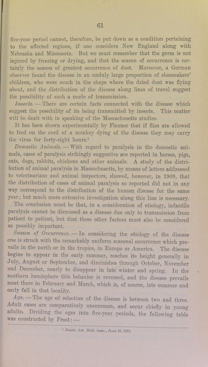 five-year period cannot, therefore, be put down as a condition pertaining to the affected regions, if one considers New England along with Nebraska and Minnesota. But we must remember that the germ is not injured by freezing or drying, and that the season of occurrence is cer- tainly the season of greatest occurrence of dust. Moreover, a German observer found the disease in an unduly large proportion of shoemakers’ children, who were much in the shops where the dried dust was flying about, and the distribution of the disease along lines of travel suggest the possibility of such a mode of transmission. Insects. — There are certain facts connected with the disease which suggest the possibility of its being transmitted by insects. This matter will be dealt with in spealdiig of the Massachusetts studies. It has been shown experimentally by Flexner that if flies are allowed to feed on the cord of a monkey dying of the disease they may carry the virus for forty-eight hours.^ Domestic Animals. — With regard to paralysis in the domestic ani- mals, cases of paralysis strikingly suggestive are reported in horses, pigs, cats, dogs, rabbits, chickens and other animals. A study of the distri- bution of animal paralysis in Massachusetts, by means of letters addressed to veterinarians and animal inspectors, showed, however, in 1909, that the distribution of cases of animal paralysis so reported did not in any way correspond to the distribution of the human disease for the same year ; but much more extensive investigation along this line is necessary. The conclusion must be that, in a consideration of etiology, infantile paralysis cannot be dismissed as a disease due only to transmission from patient to patient, but that these other factors must also be considered as possibly important. Season of Occurrence. — In considering the etiology of the disease one is struck with the remarkably uniform seasonal occurrence which pre- vails in the north or in the tropics, in Europe or America. The disease begins to appear in the early summer, reaches its height generally in July, August or September, and diminishes through October, November and December, nearly to disappear in late winter and spring. In the southern hemisphere this behavior is reversed, and the disease prevails most there in February and March, which is, of course, late summer and early fall in that locality. ^.'7®- f'he age of selection of the disease is between two and three. Adult cases are comparatively uncommon, and occur chiefly in young adults. Dividing the ages into five-year periods, the following table was constructed by Frost: — Journ. Am. Med. Assn., June 10, 1910.